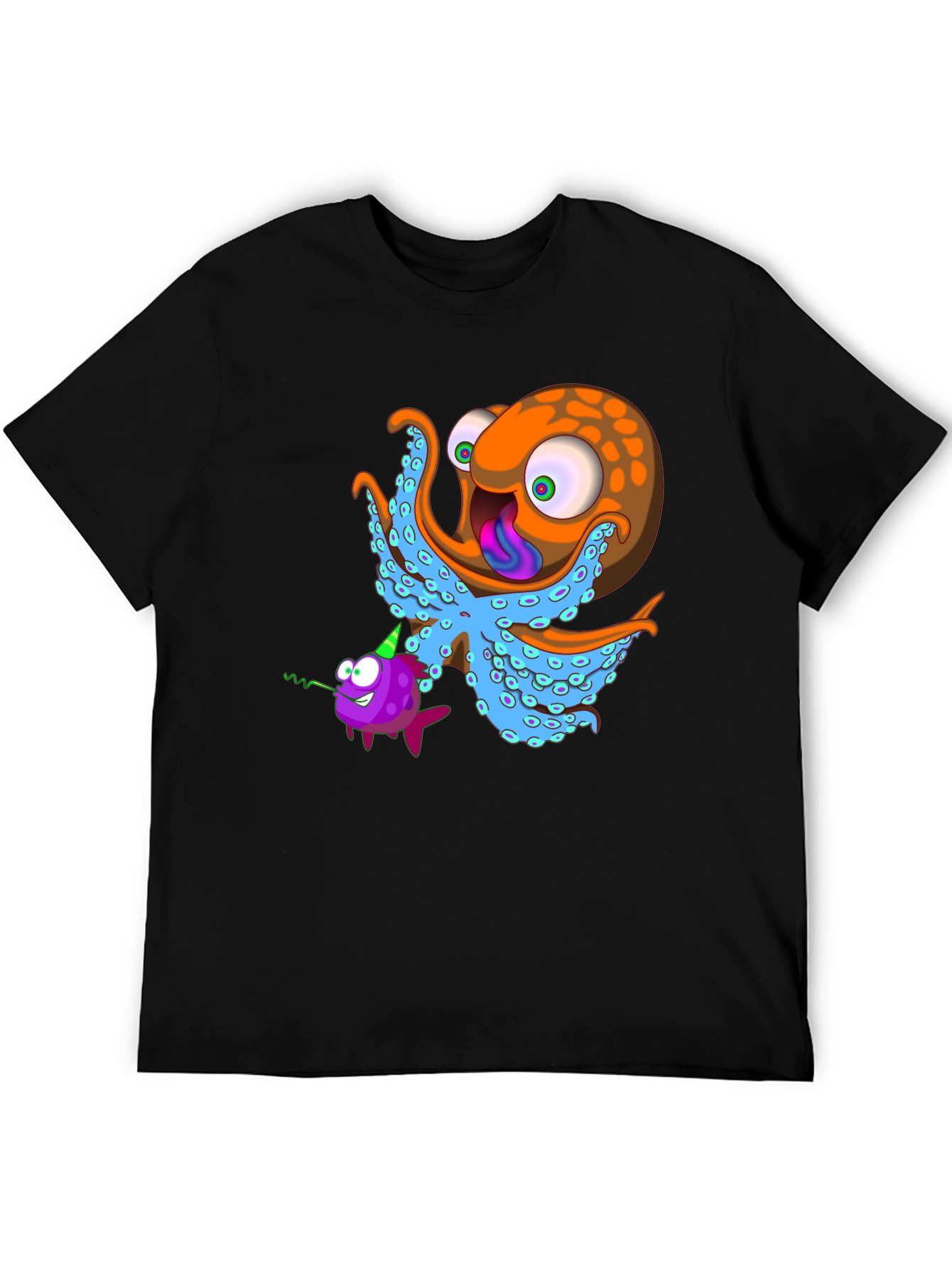 Black Octopus & Fish Graphic Tee - Unique Cartoon Design view 5