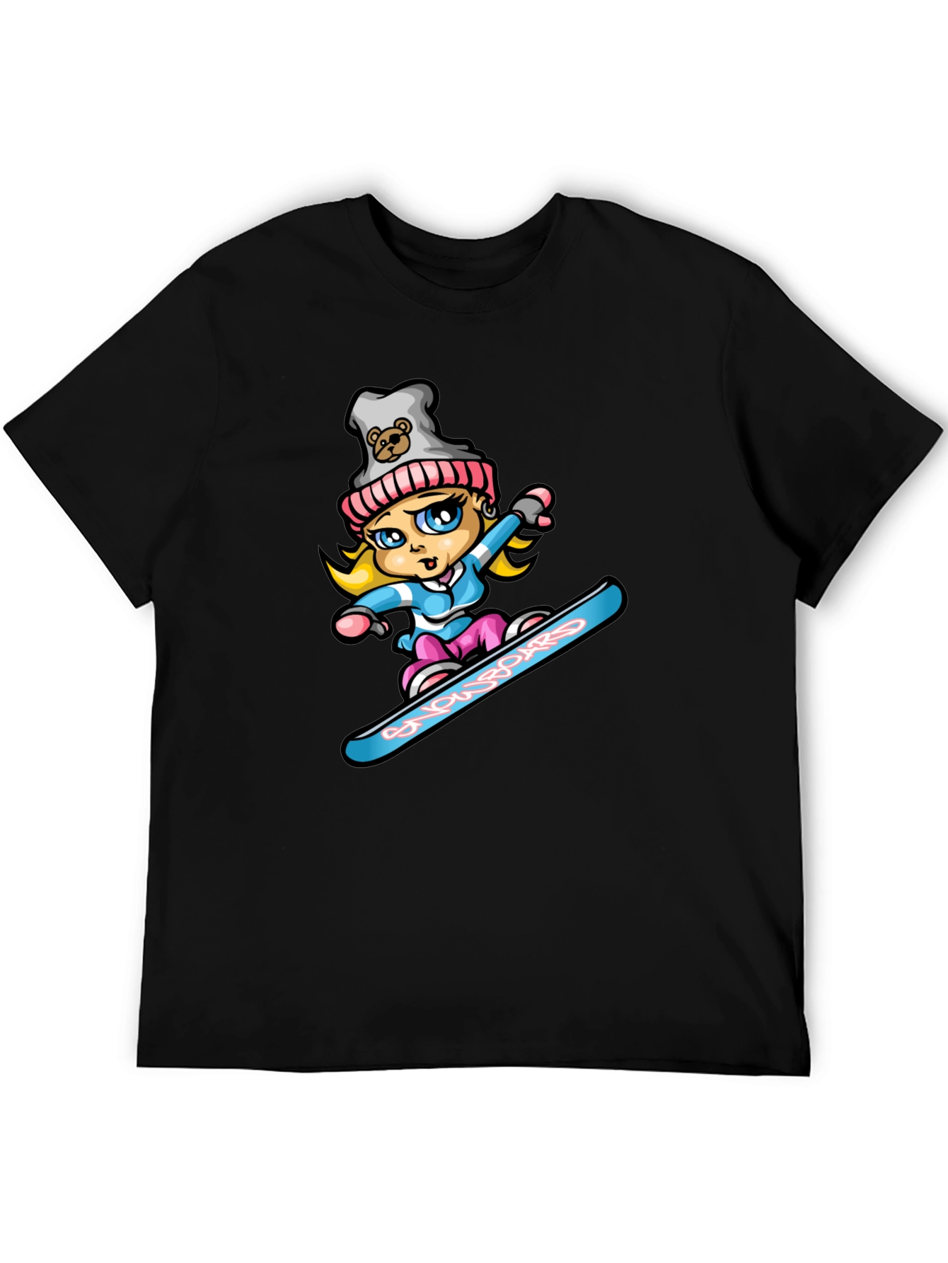 Black Snowboard Girl T-Shirt - Cartoon Graphic Tee view 5