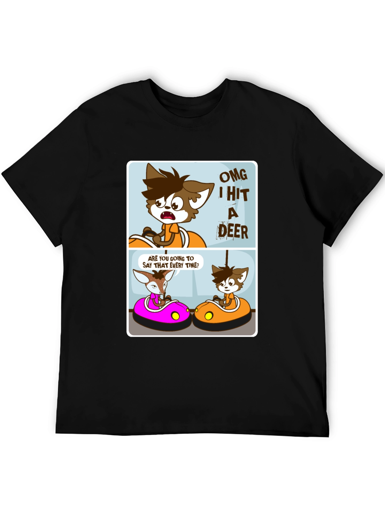Black Cartoon Deer Bumper Cars Black T-Shirt view 5