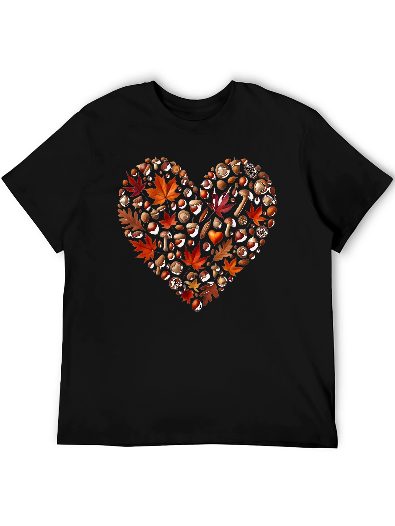 Black Autumn Love T-Shirt: Fall Leaves & Mushrooms view 5