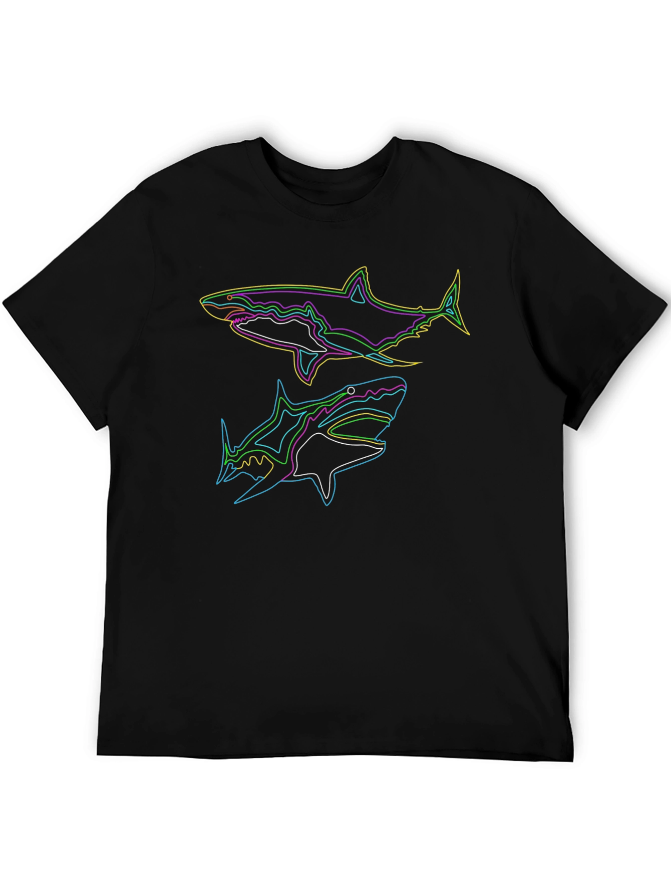 Black Neon Sharks Graphic Black T-Shirt view 5