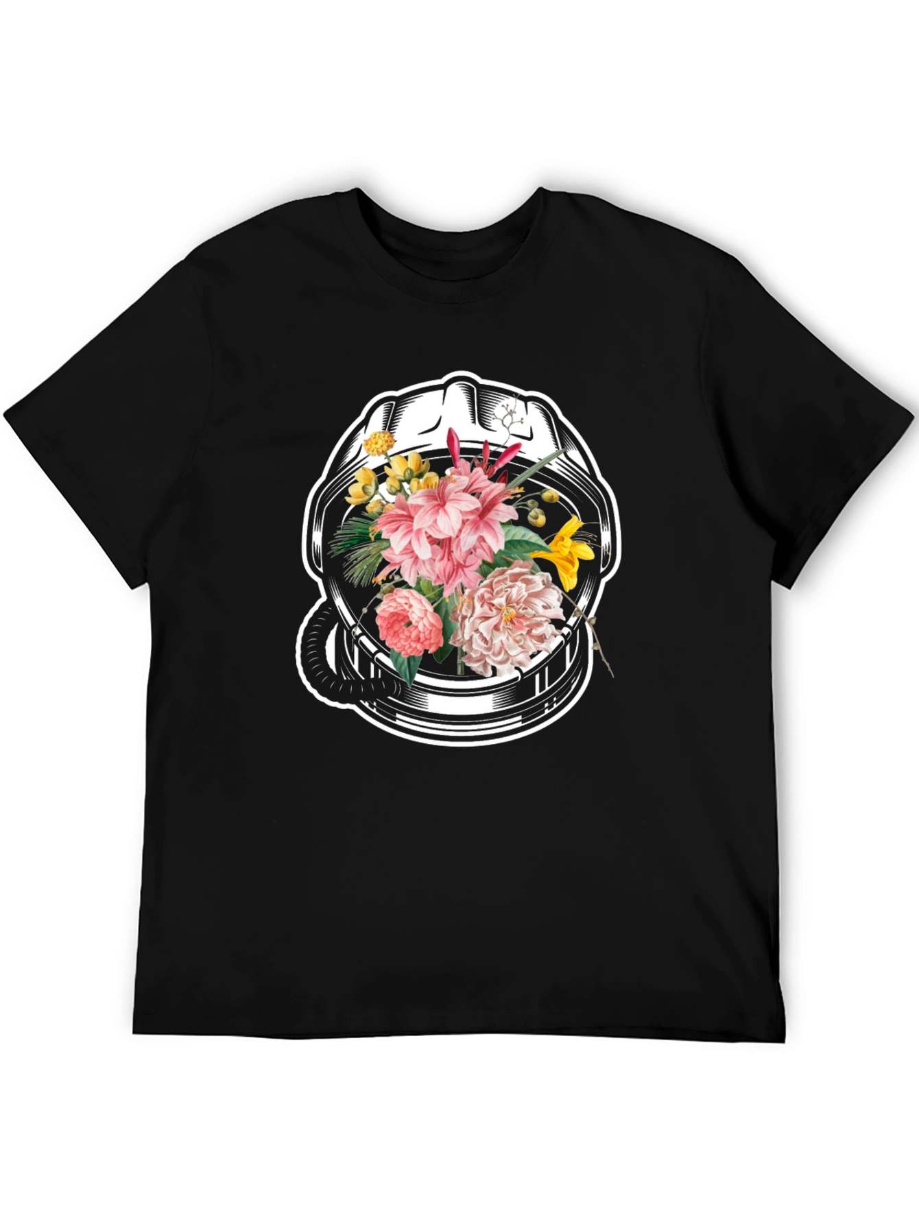 Black Floral Astronaut Helmet Graphic Tee - Unique Design view 5