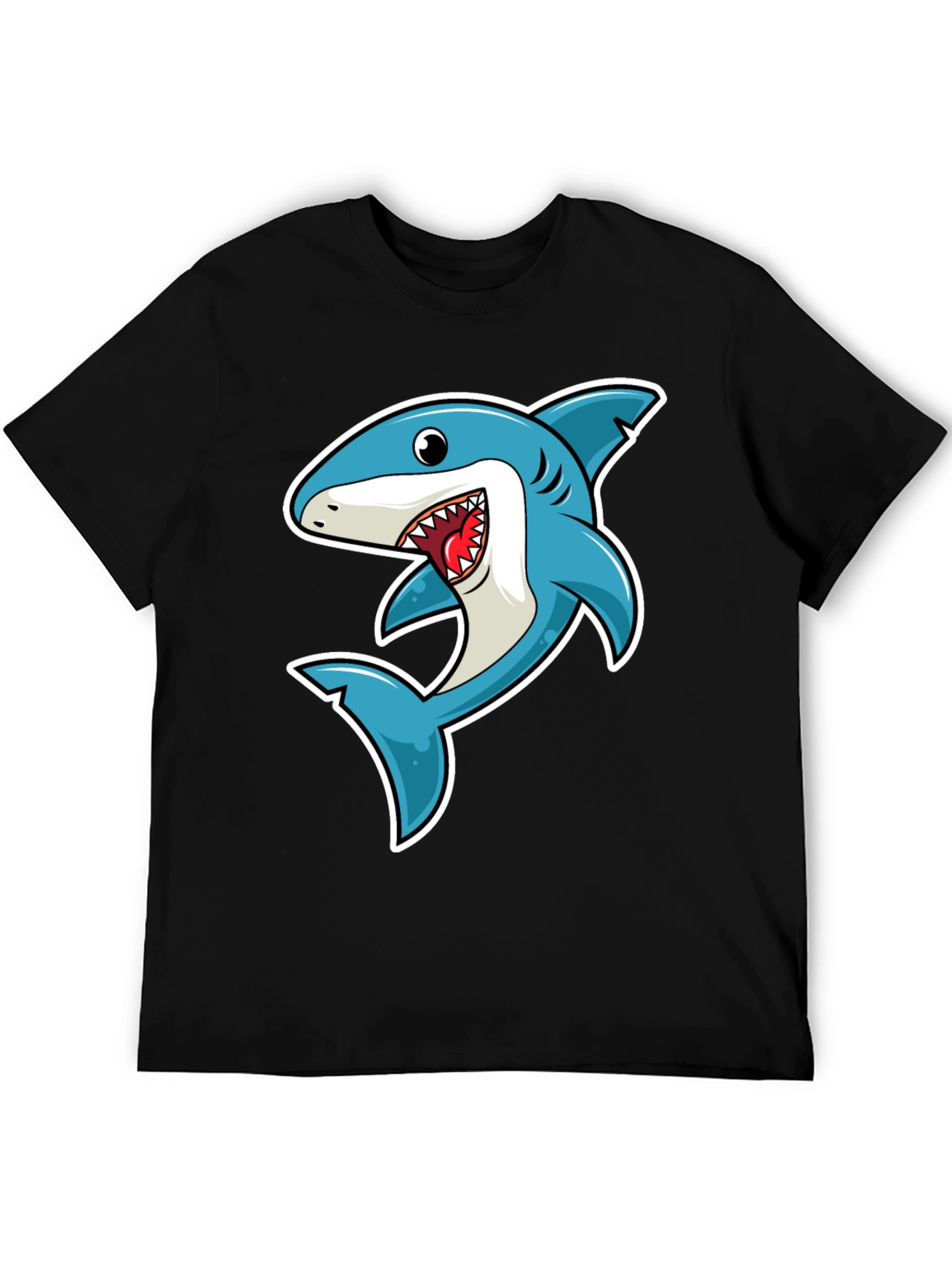 Black Shark Cartoon Graphic Tee - Black Cotton T-Shirt view 5