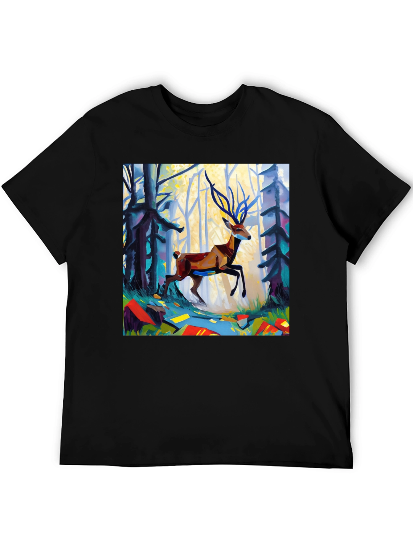 Abstract Deer Forest Graphic Tee - Black Casual T-Shirt - 5