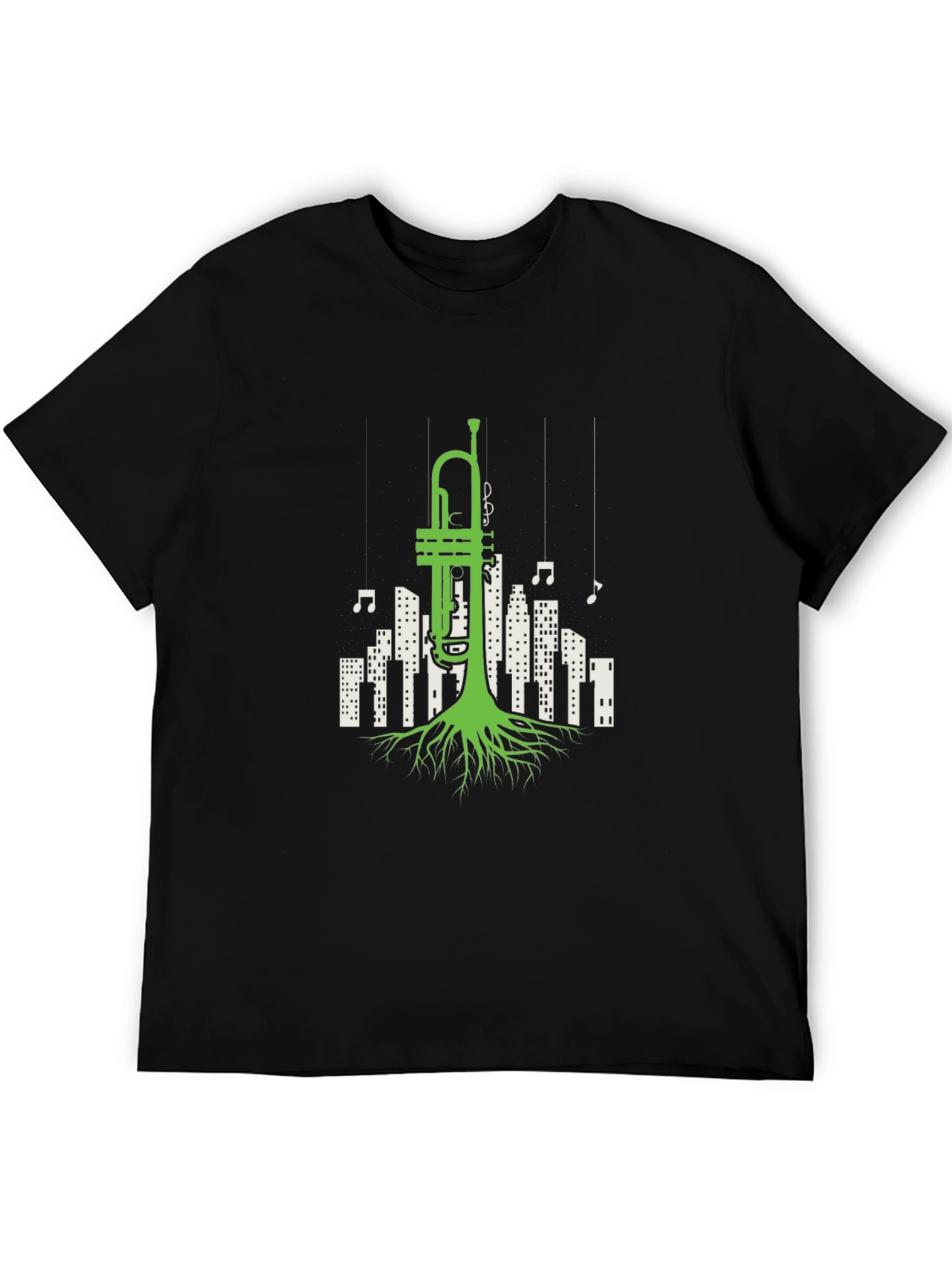 Black Jazz Roots T-Shirt - Trumpet Cityscape Design view 5
