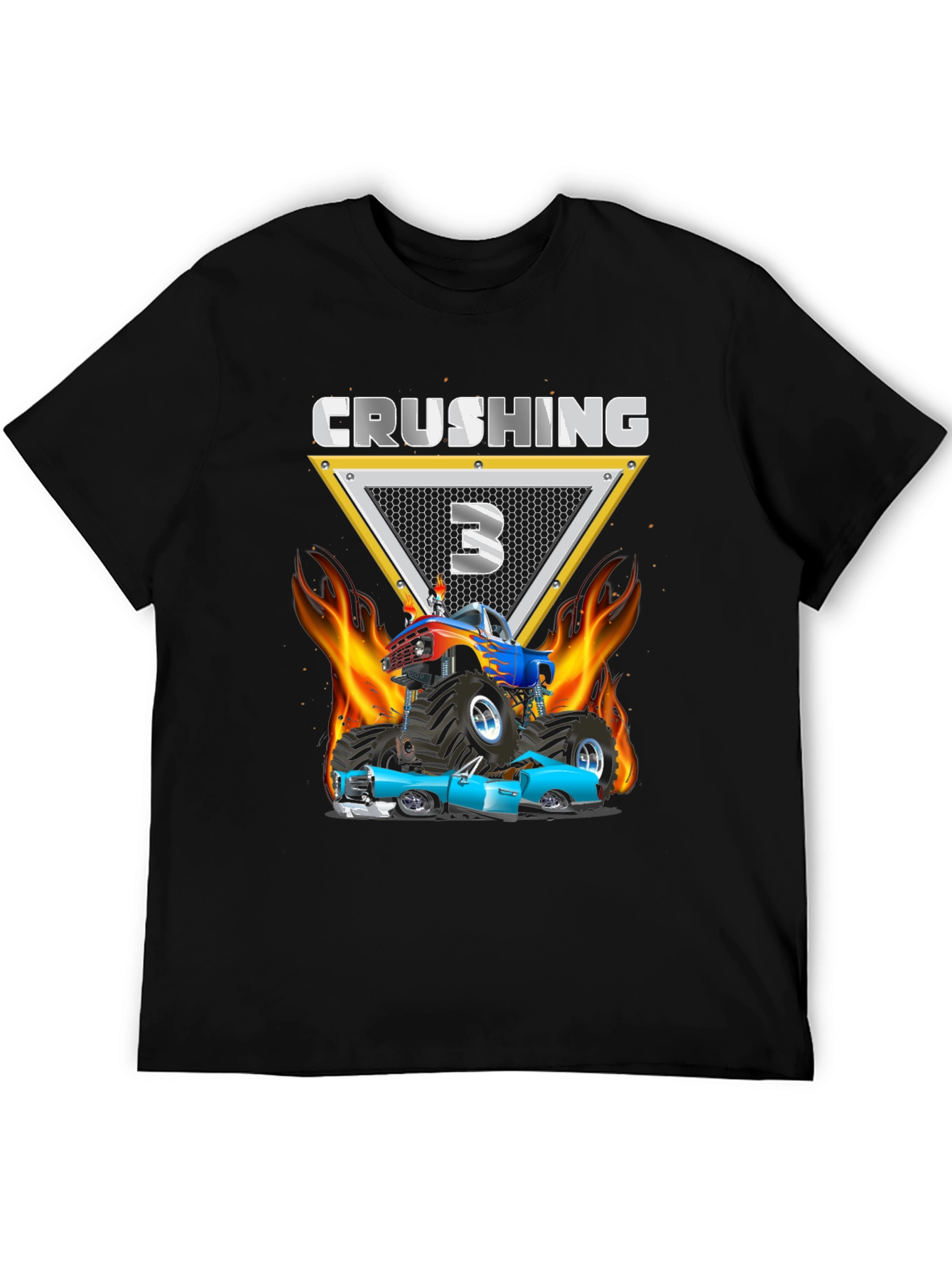 Black Crushing Three Monster Truck Birthday T-Shirt view 5