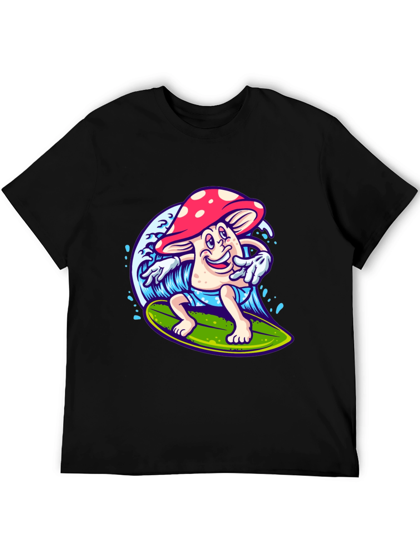 Black Surfing Mushroom Graphic T-Shirt view 5
