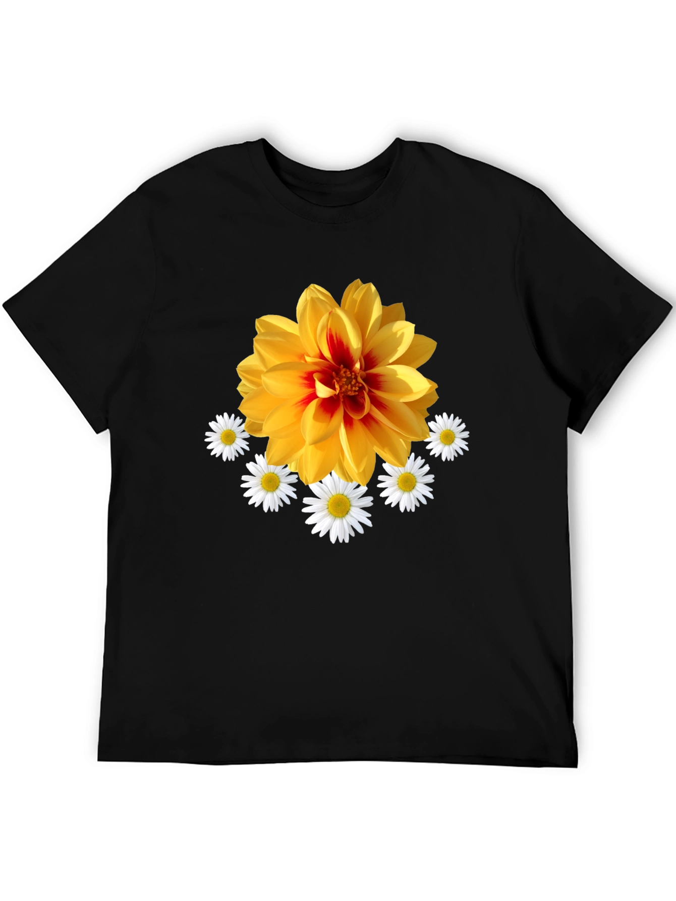 Black Floral Graphic T-Shirt: Yellow Dahlia & Daisies, Black Tee view 5