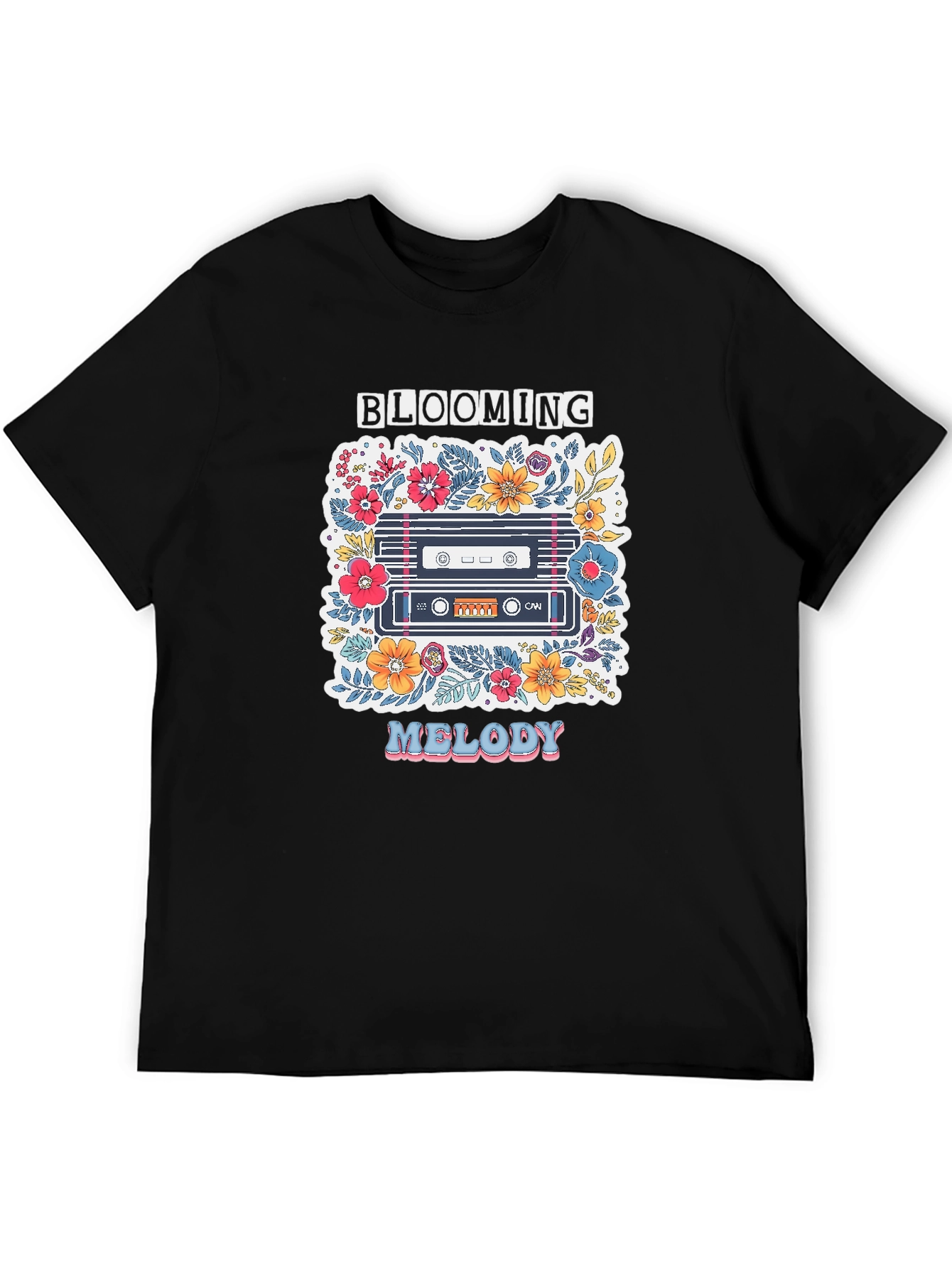 Black Blooming Melody Graphic Tee - Retro Cassette Tape Shirt view 5