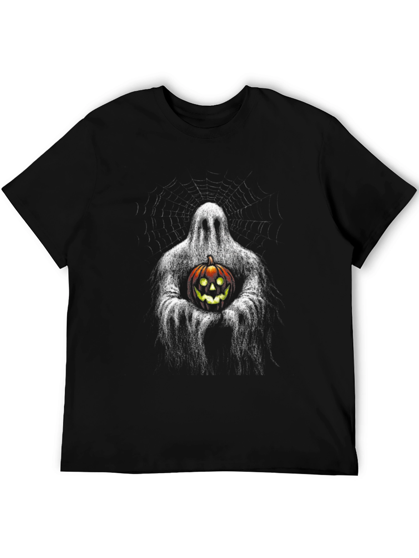 Black Ghost Holding Pumpkin Halloween Black T-Shirt view 5