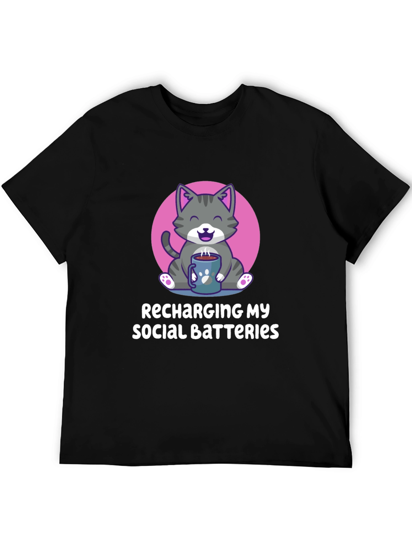Black Recharging My Social Batteries Cat T-Shirt view 5