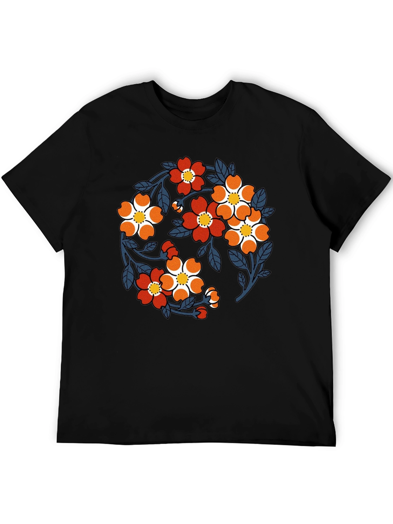 Black Floral Print Black Crew Neck T-Shirt view 5