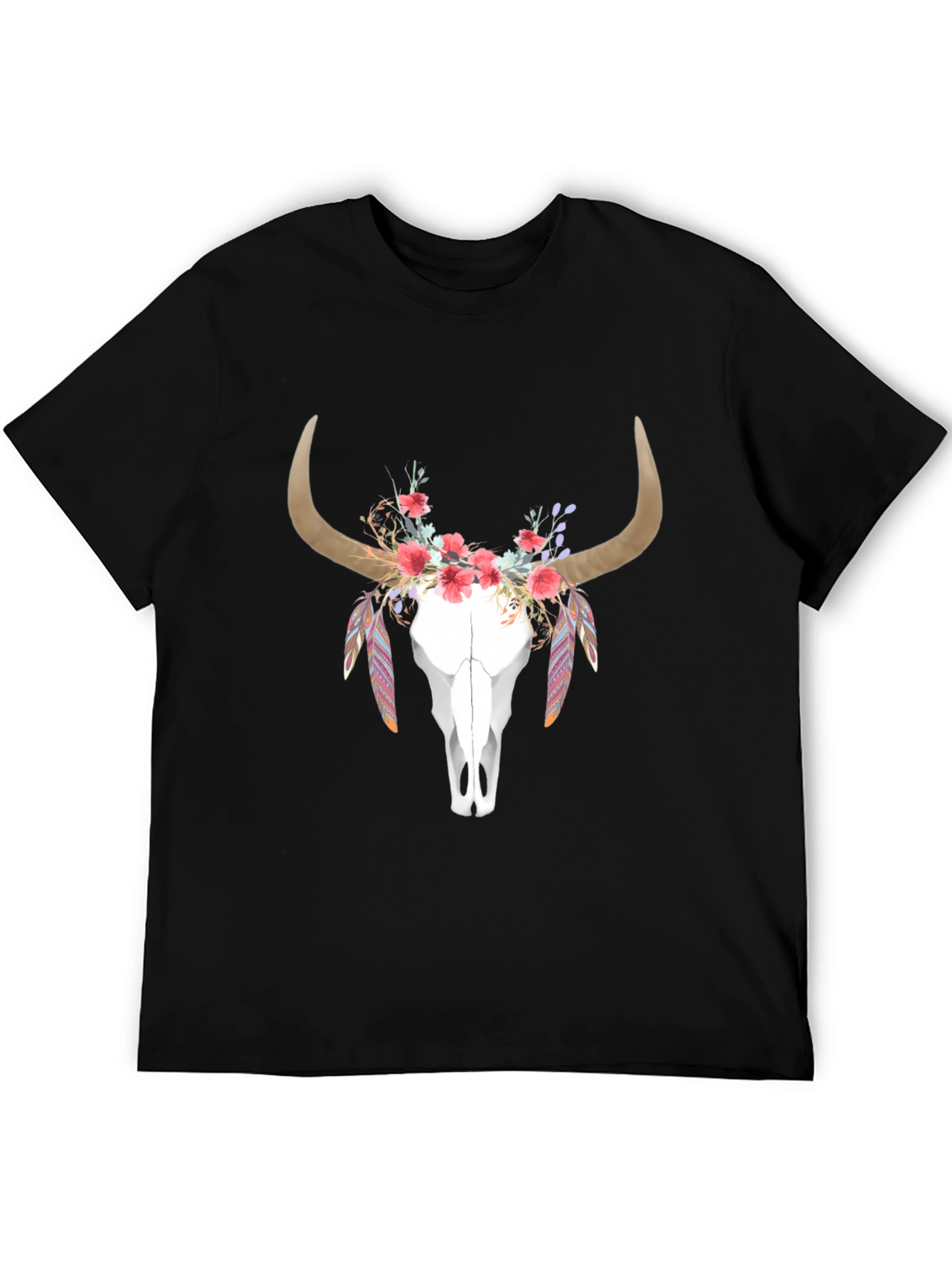 Black Floral Bull Skull Graphic T-Shirt view 5