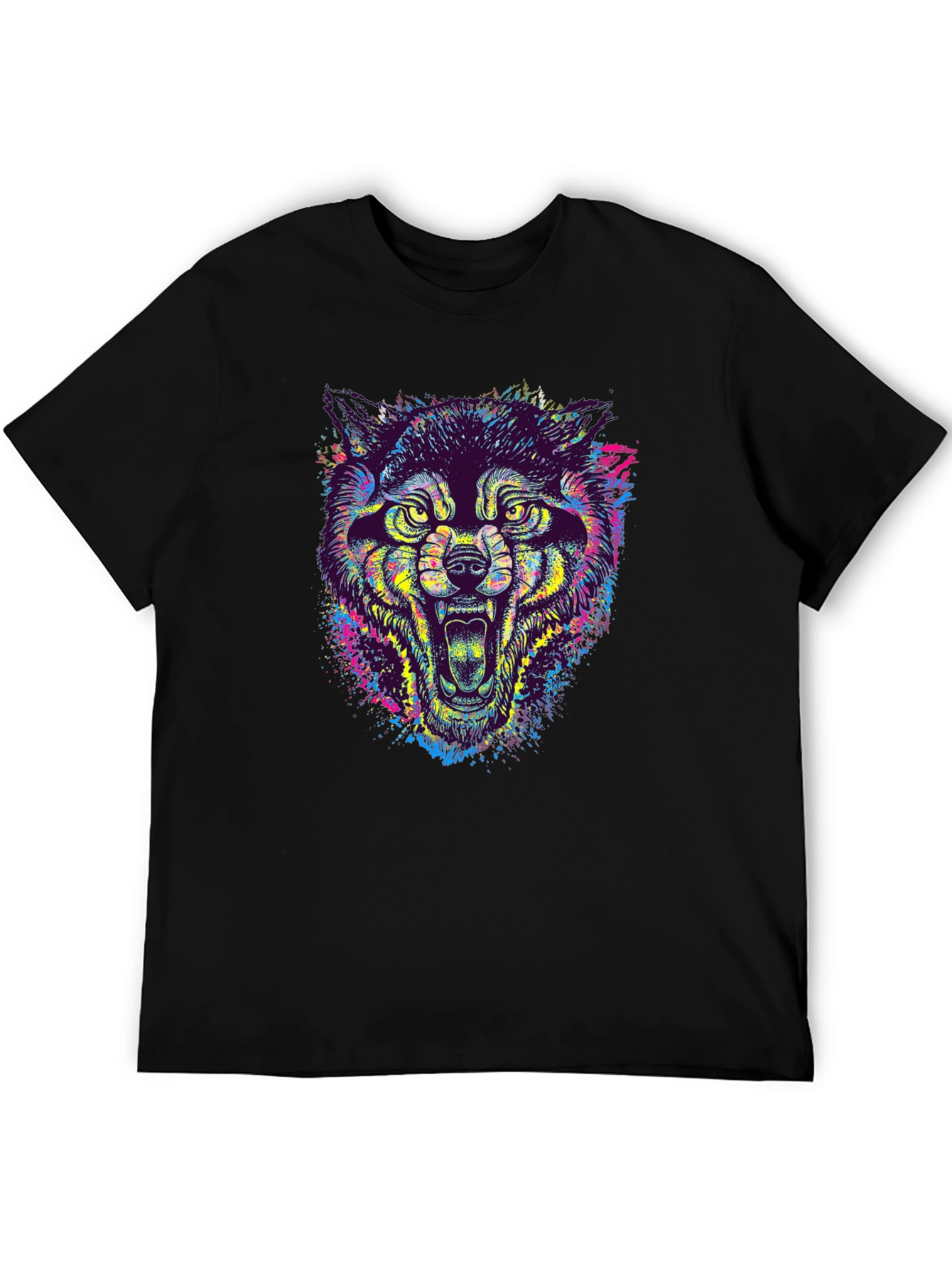 Black Colorful Wolf Graphic Tee - Unique Animal Print T-Shirt view 5