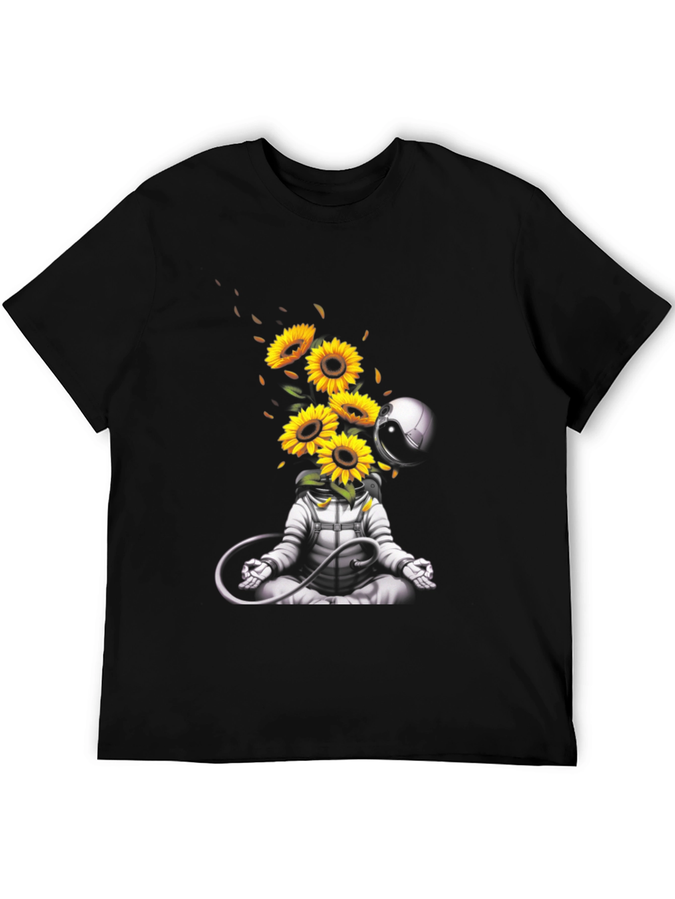 Black Meditating Astronaut with Sunflowers Graphic T-Shirt view 5