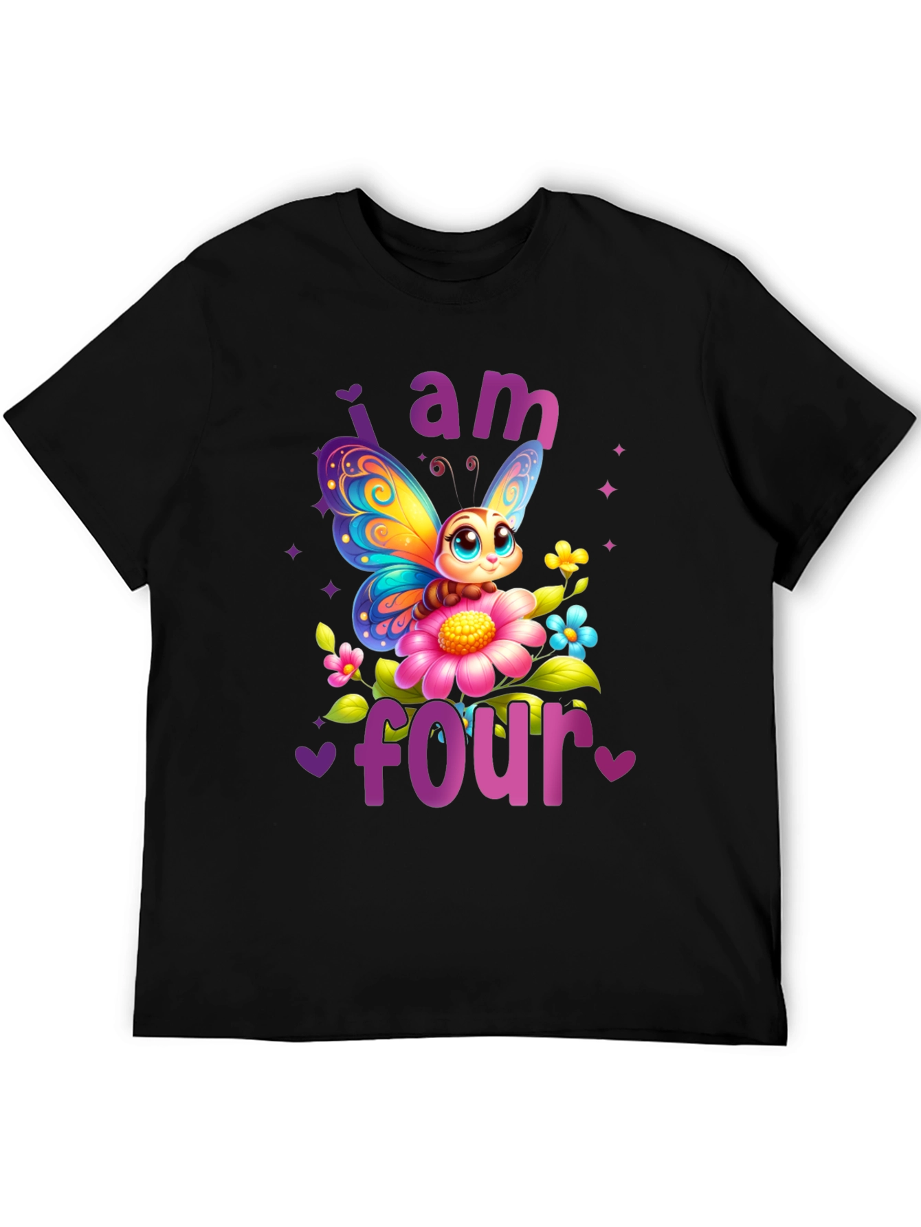 Black Cute Butterfly 4th Birthday T-Shirt view 5