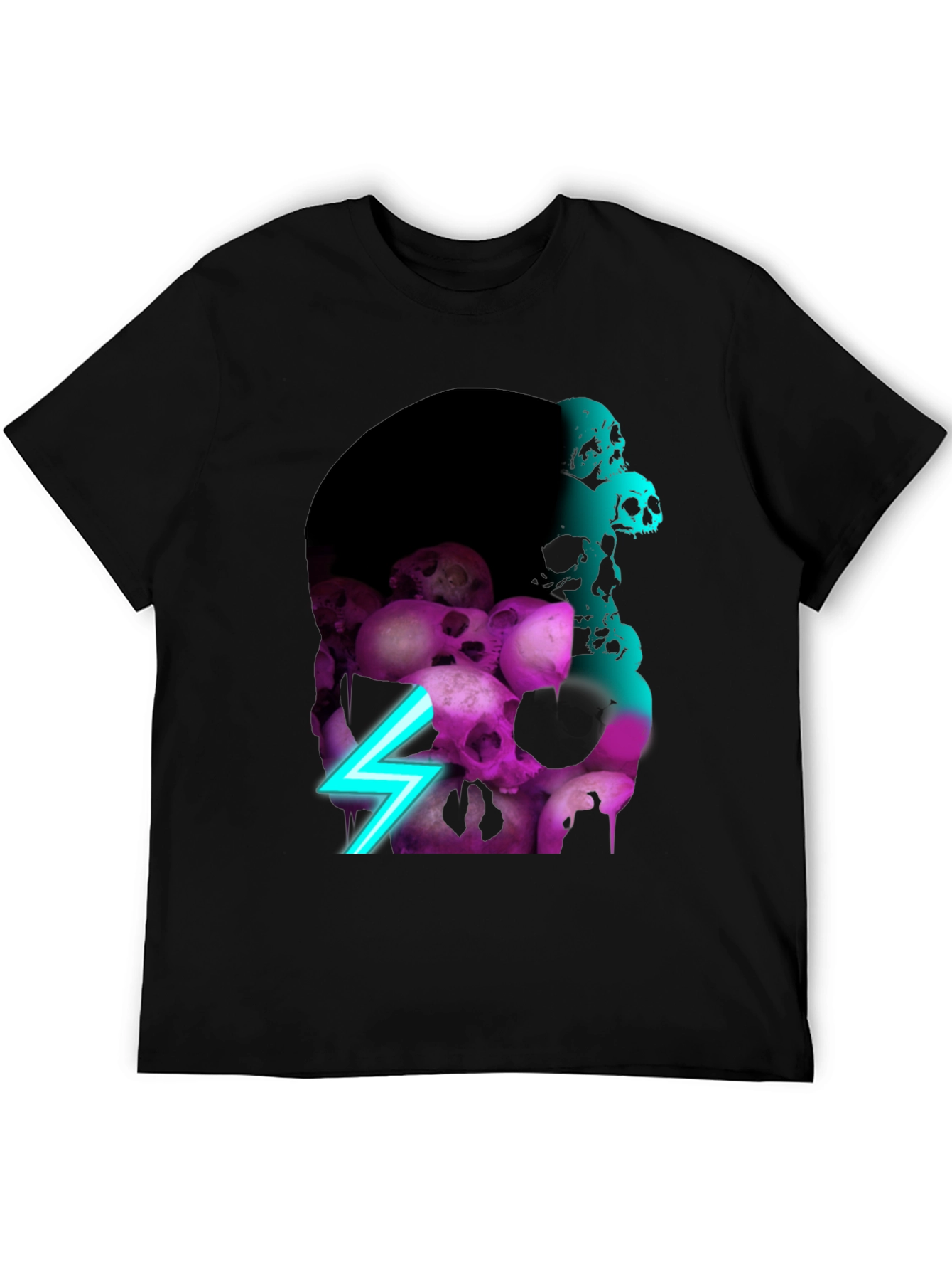 Black Skull Pile Graphic Tee - Neon Lightning Bolt Design view 5