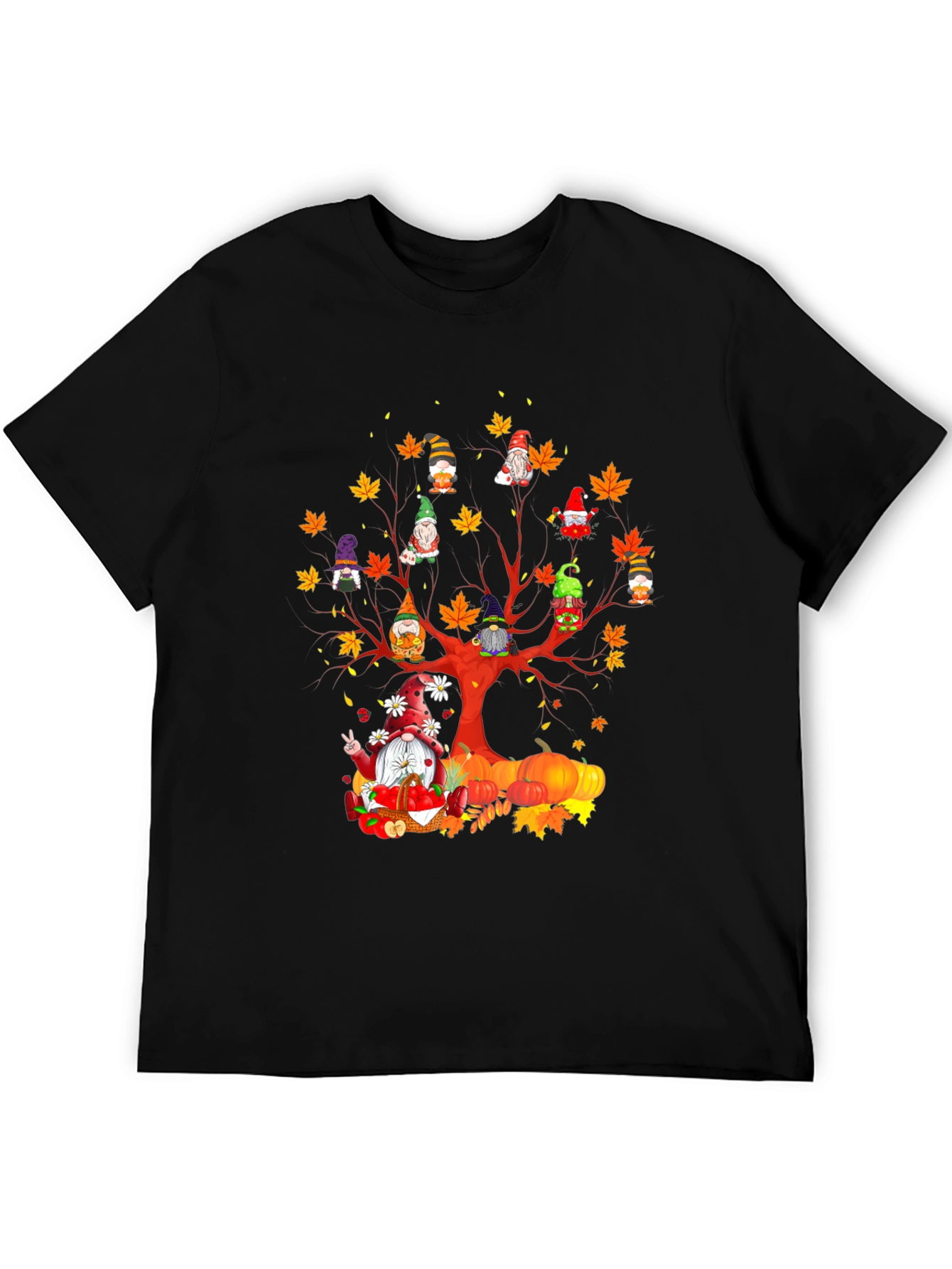 Black Fall Gnomes T-Shirt - Autumn Harvest Tree Design view 5