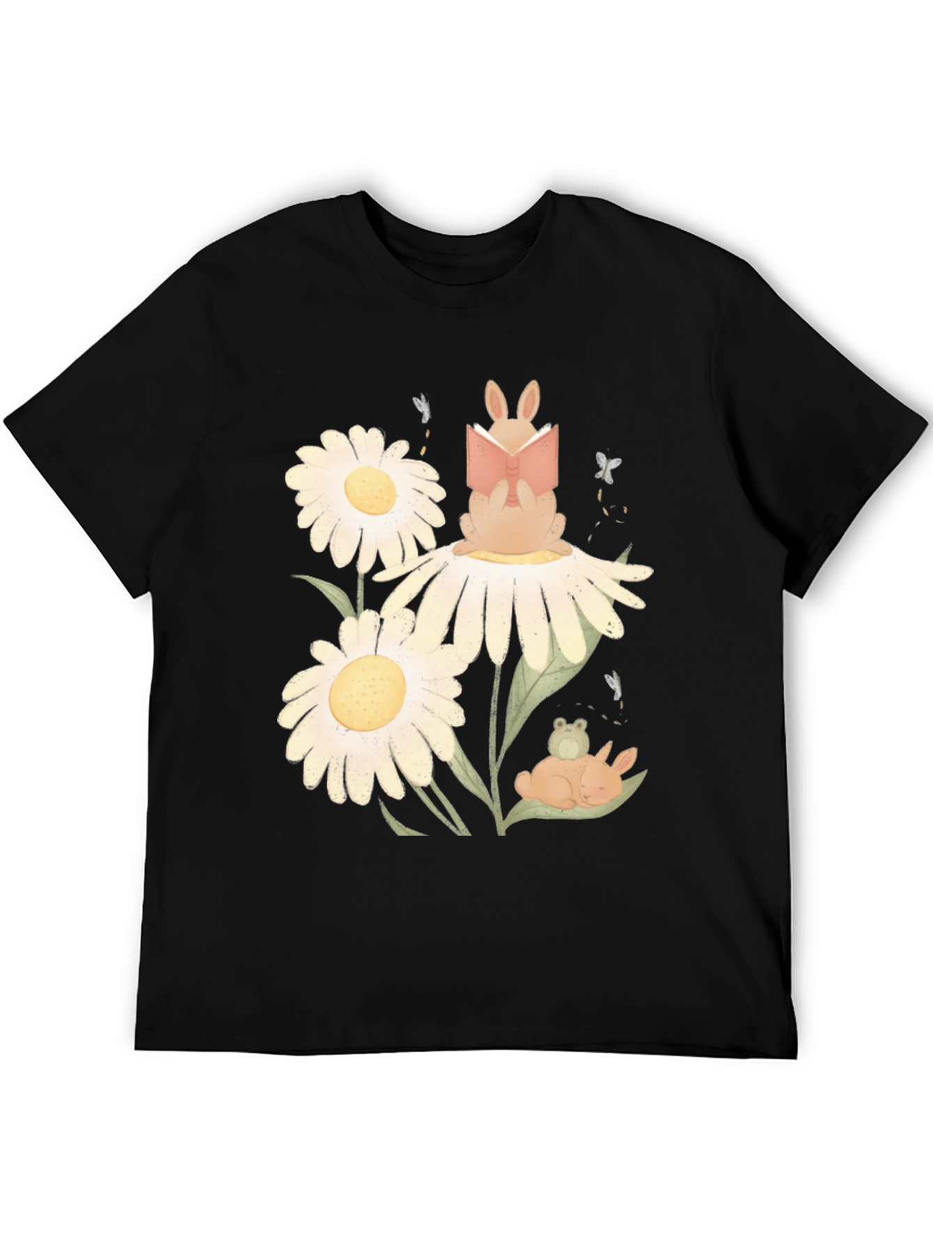 Black Whimsical Reading Bunny Graphic Tee view 5