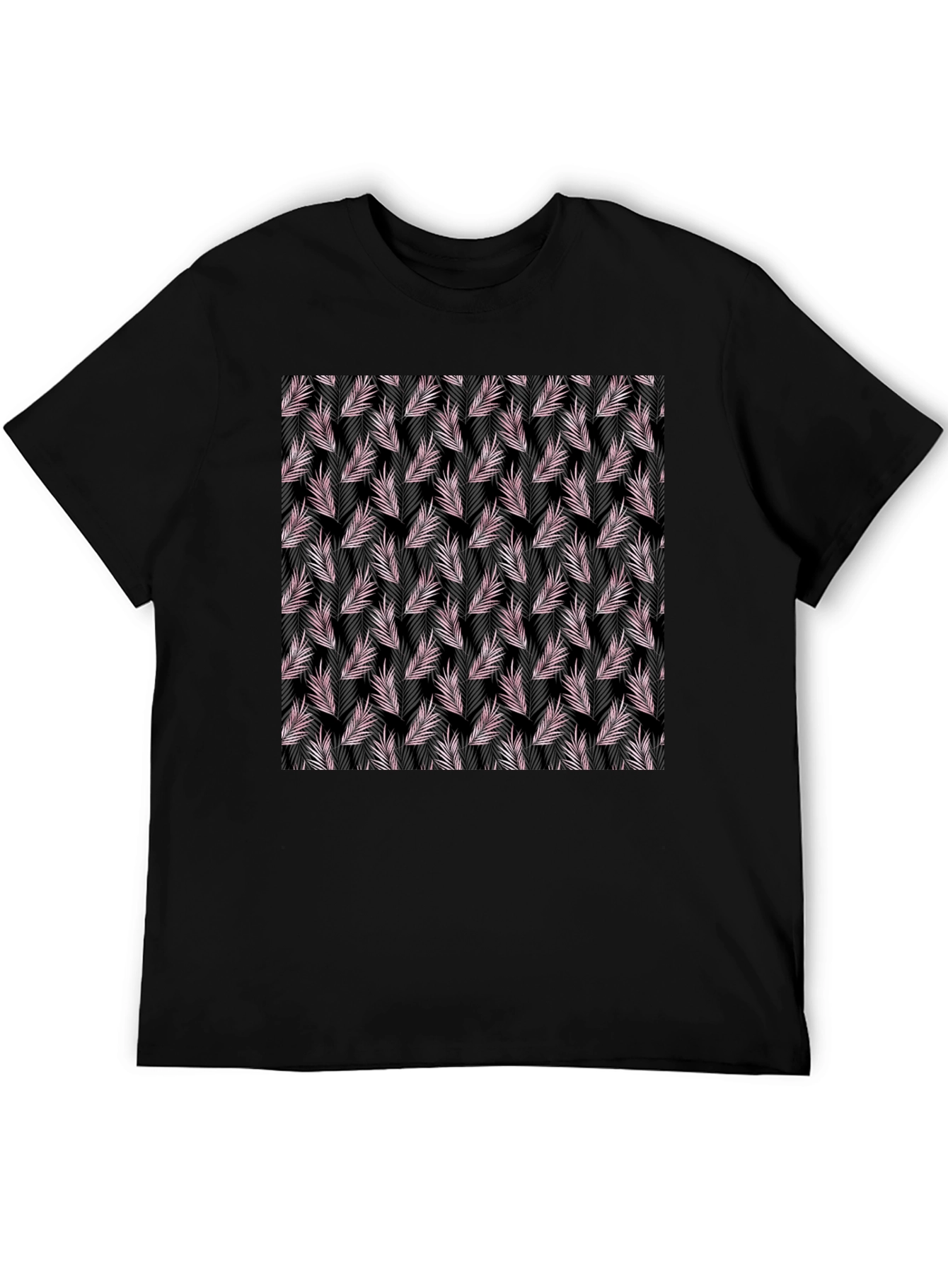 Black Tropical Leaf Pattern Black T-Shirt view 5