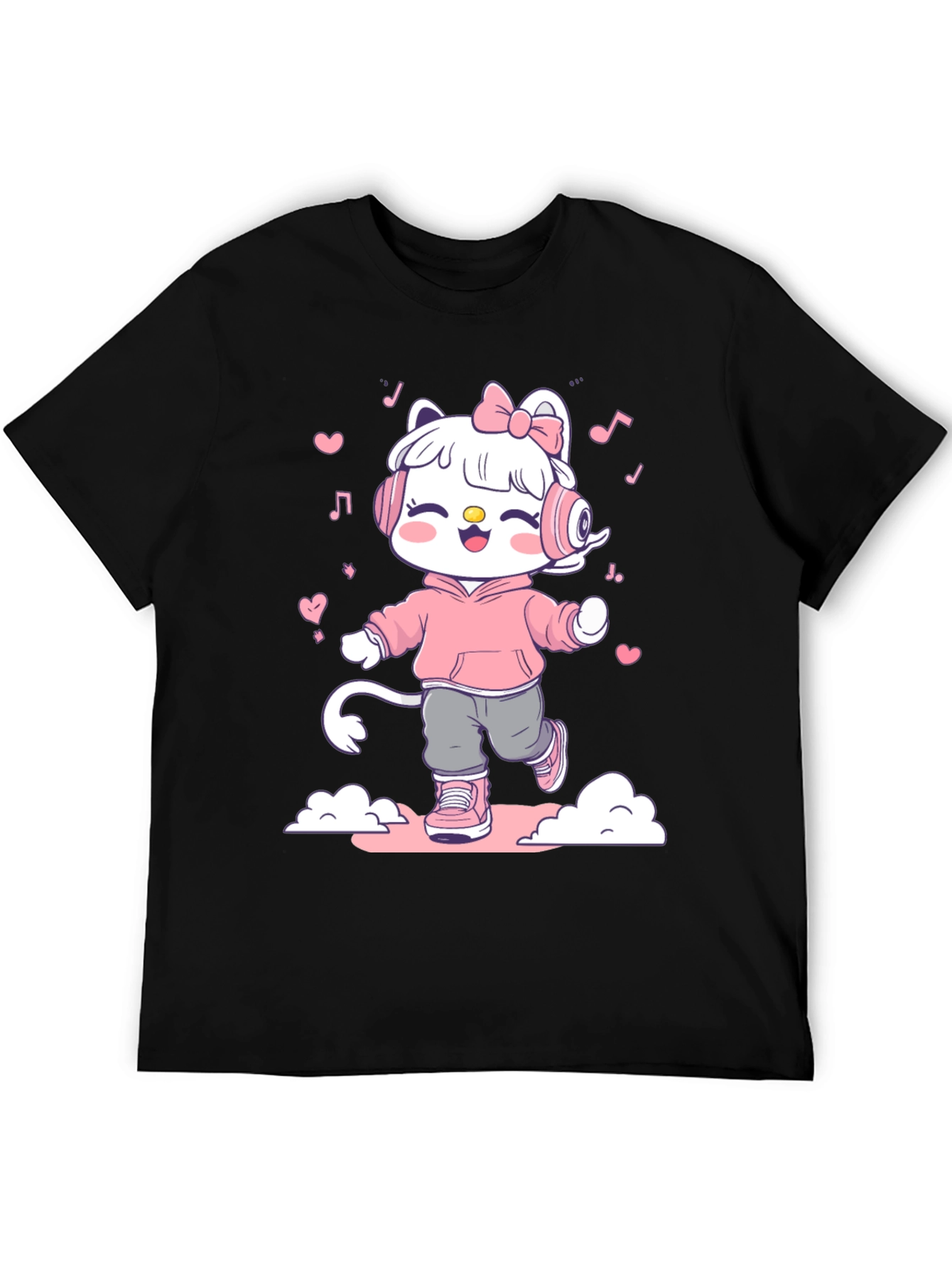 Black Cute Cartoon Cat on Black T-Shirt view 5