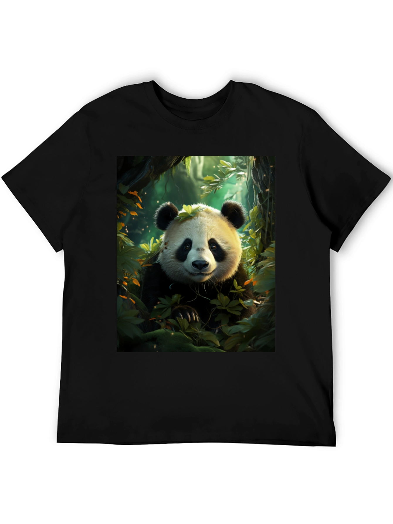 Black Panda in Forest Black T-Shirt view 5