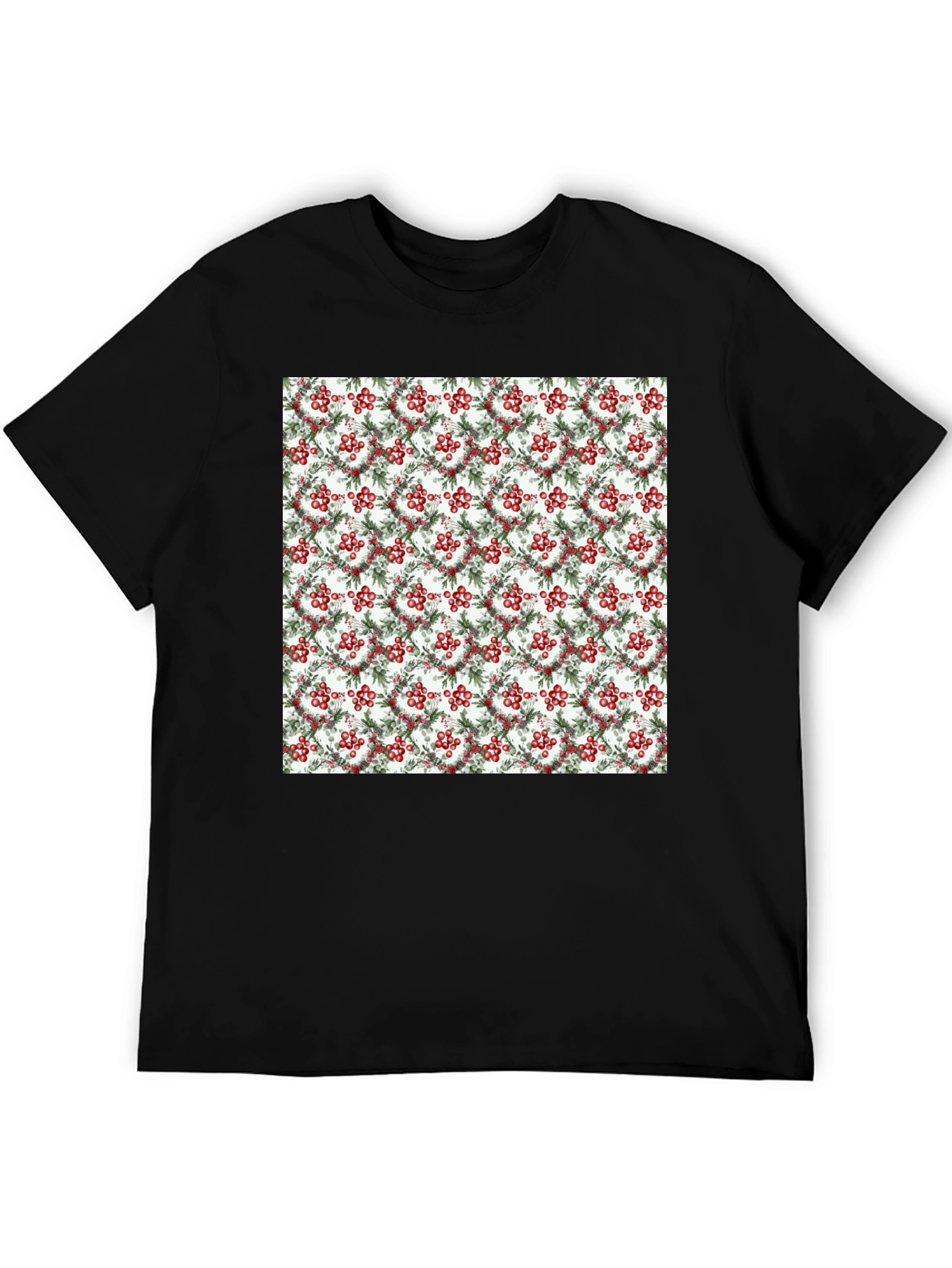 Black Festive Berry Wreath Pattern Black T-Shirt view 5