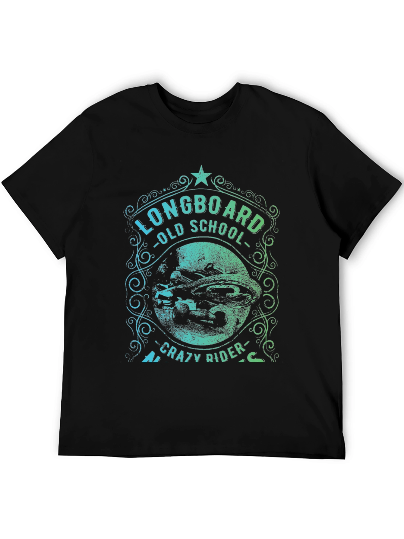 Black Longboard Old School Crazy Rider Graphic T-Shirt view 5