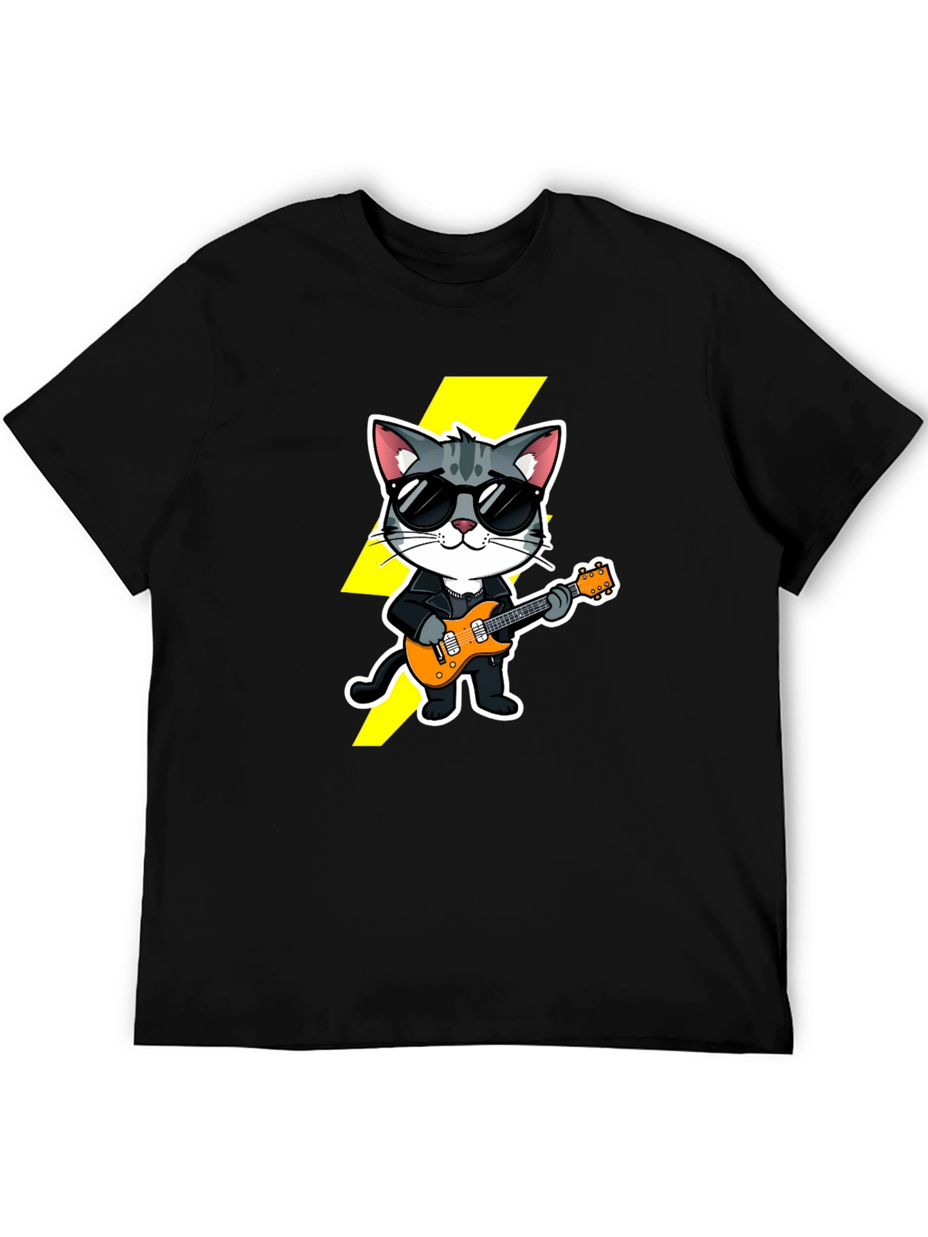 Black Cool Cat Guitarist Black T-Shirt view 5
