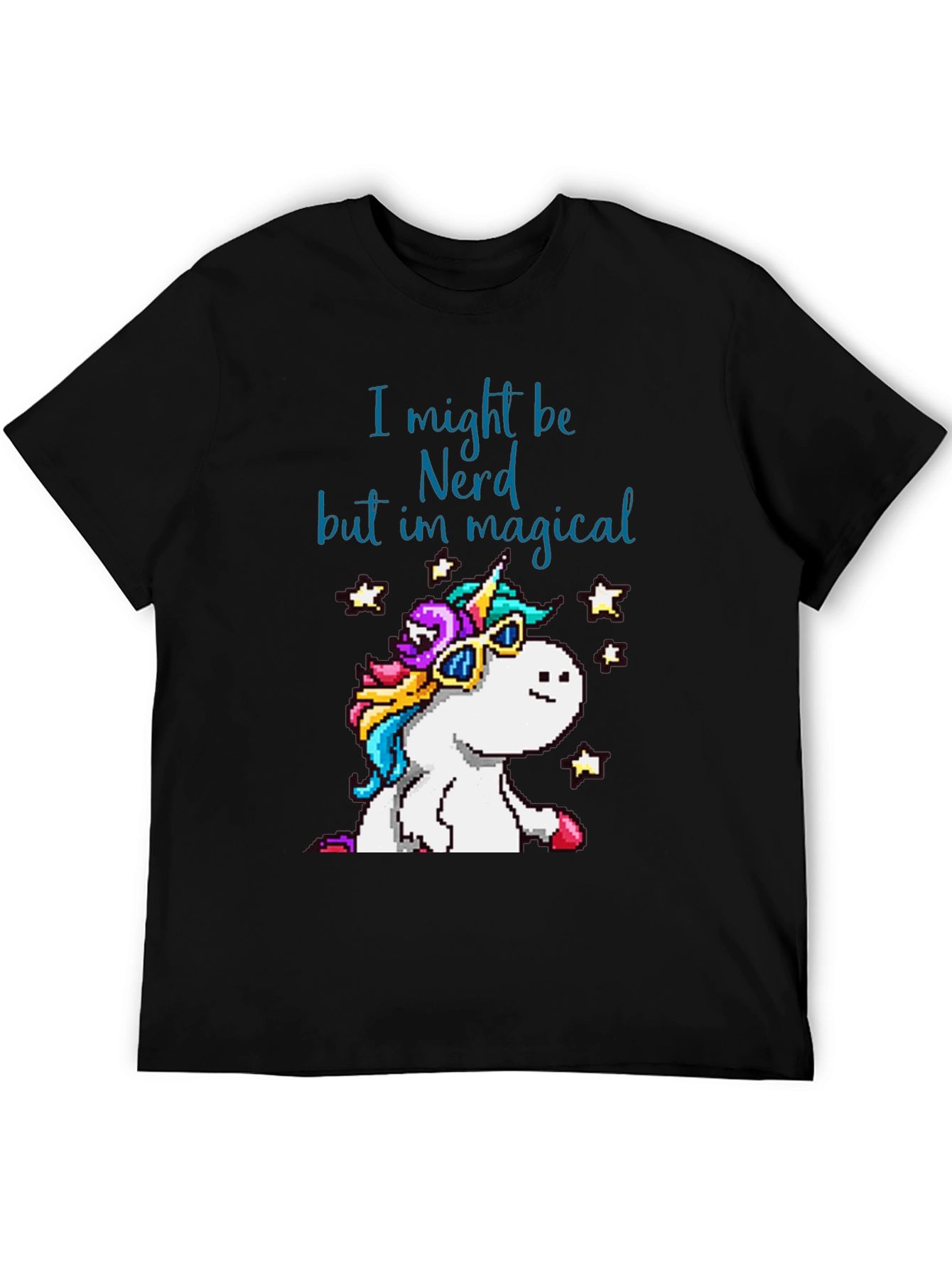 Black Nerd Magical Unicorn T-Shirt - Pixel Art Style view 5