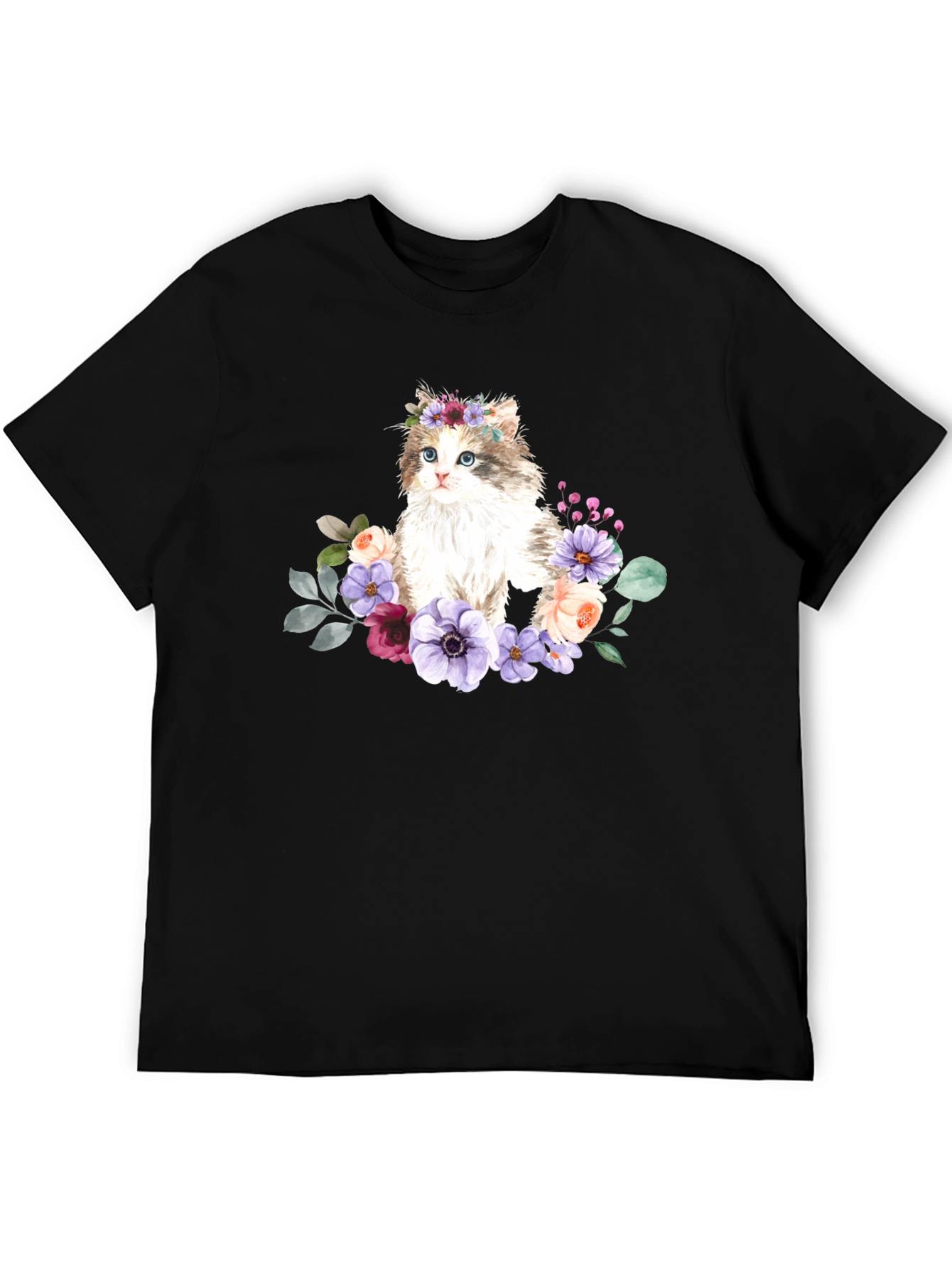 Black Floral Cat Graphic T-Shirt - Black view 5