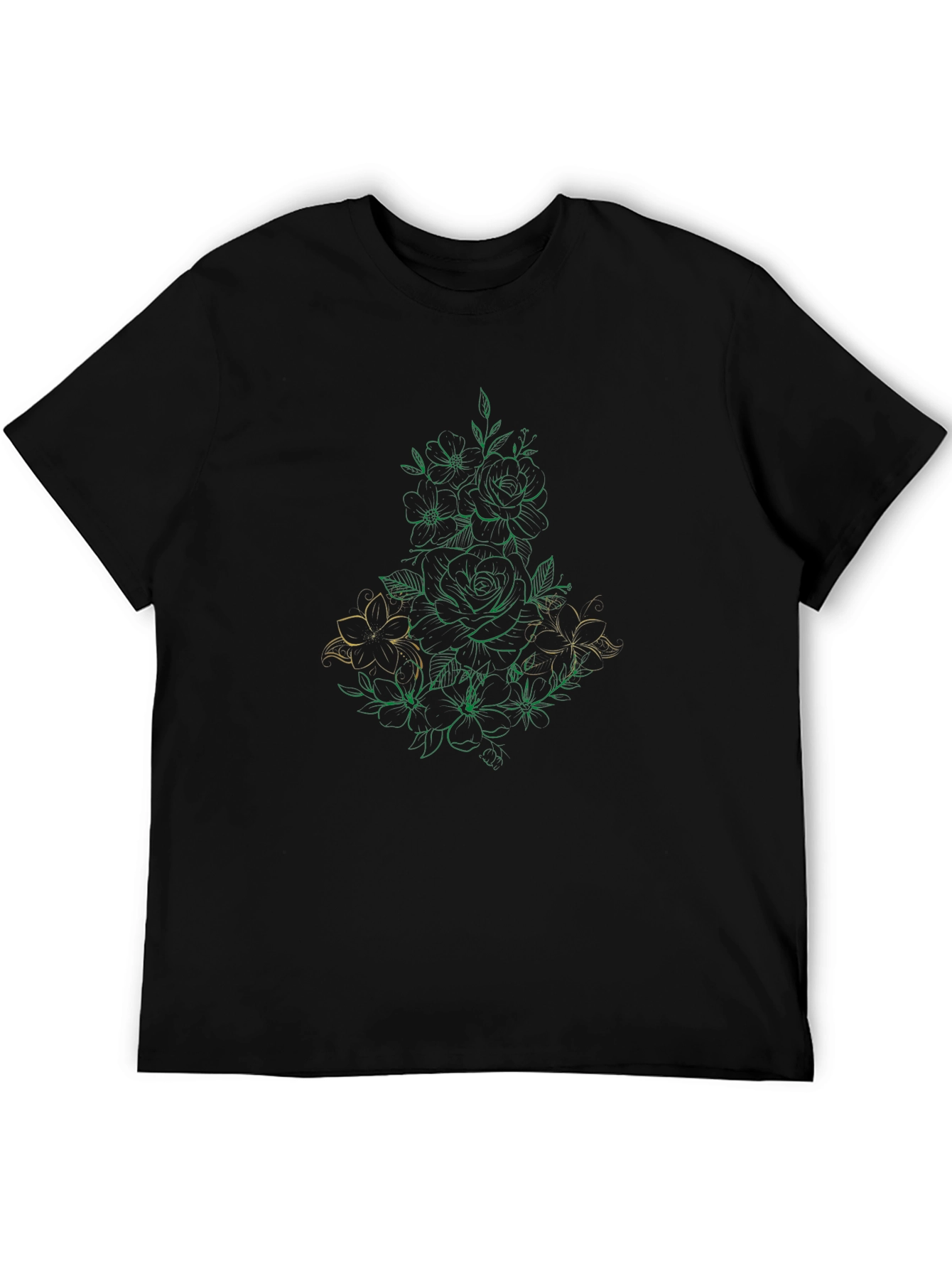 Black Floral Line Art Black T-Shirt view 5