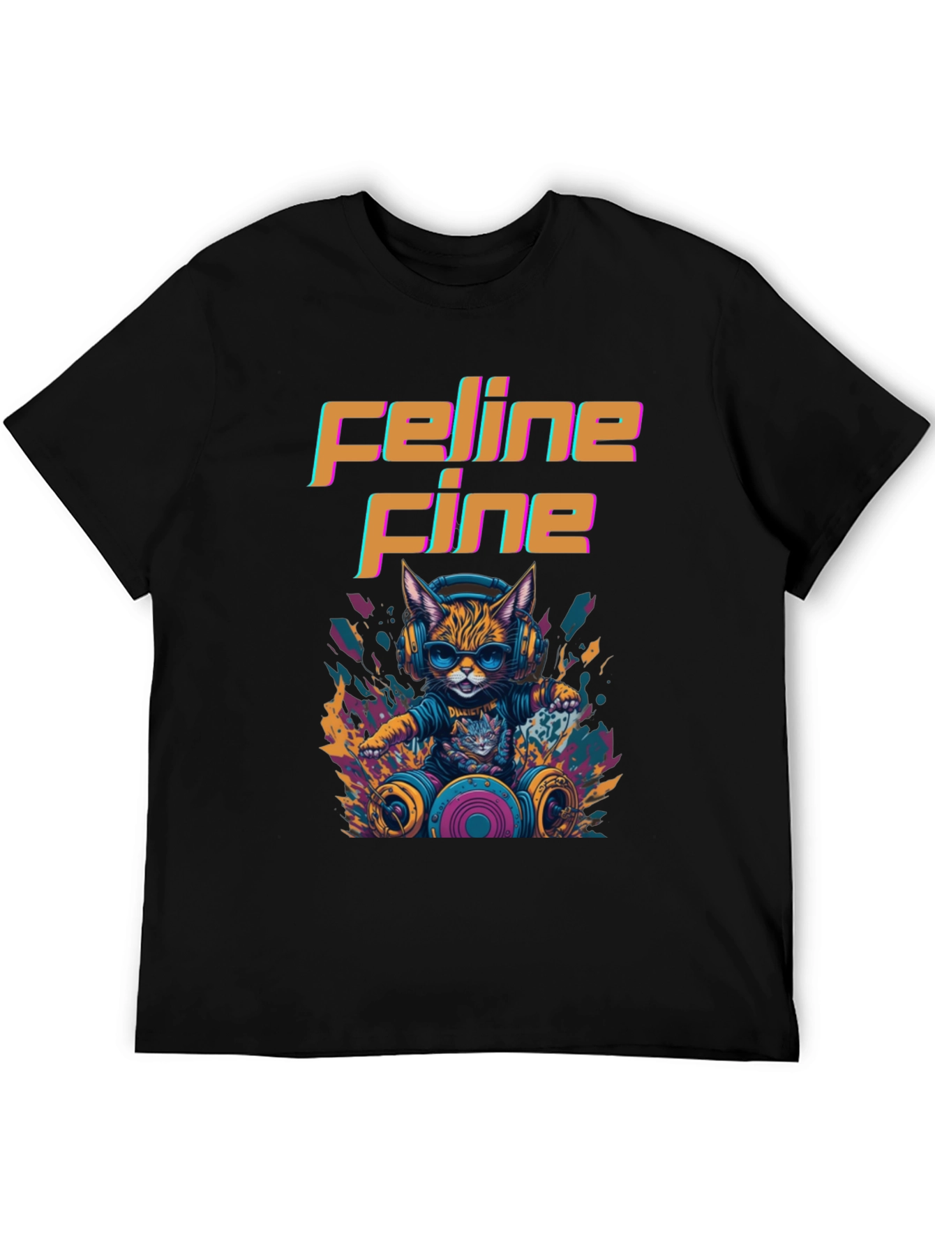 Black Feline Fine Graphic Tee - DJ Cat T-Shirt view 5