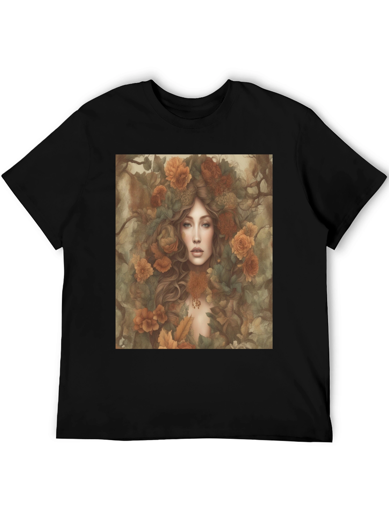 Black Floral Fantasy T-Shirt: Woman with Autumn Flowers view 5