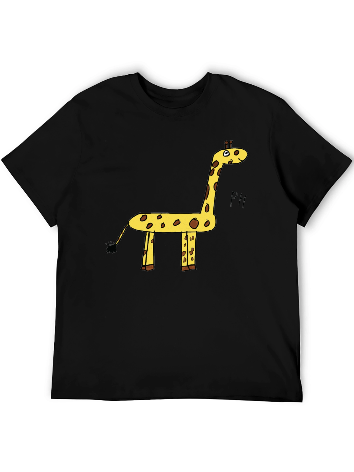 Black Giraffe Cartoon Graphic Tee - Black Cotton T-Shirt view 5