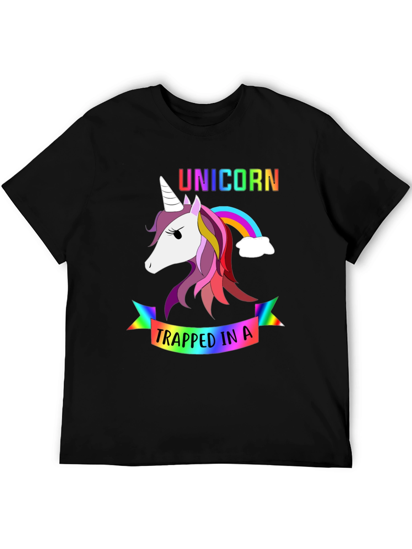 Black Unicorn Trapped in a Rainbow Graphic Tee view 5
