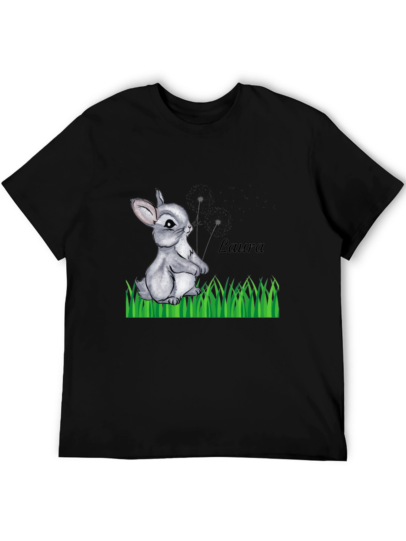 Black Cute Bunny 'Laura' Personalized Black T-Shirt view 5