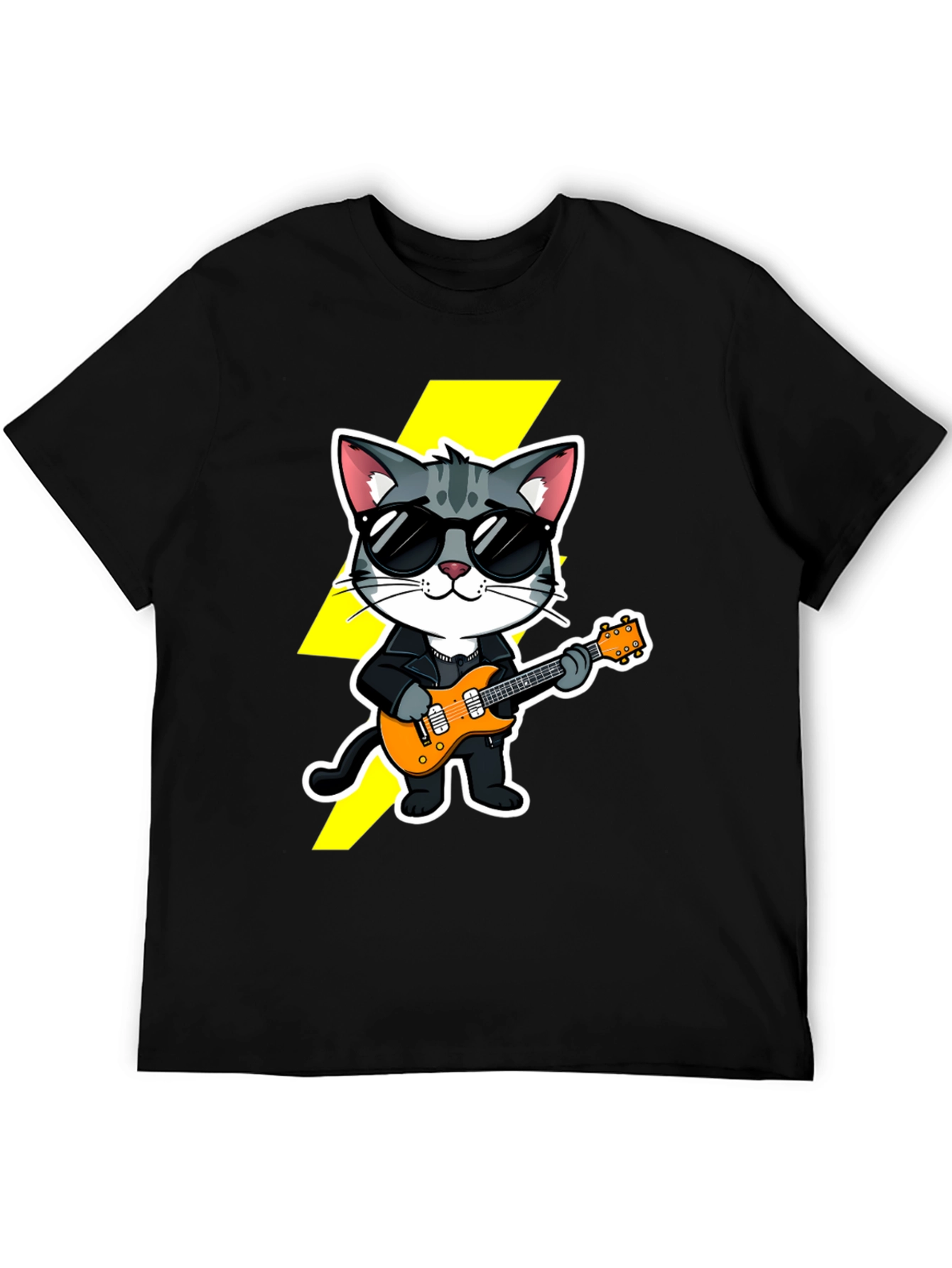 Black Rockstar Cat T-Shirt - Cool Cat with Guitar view 5