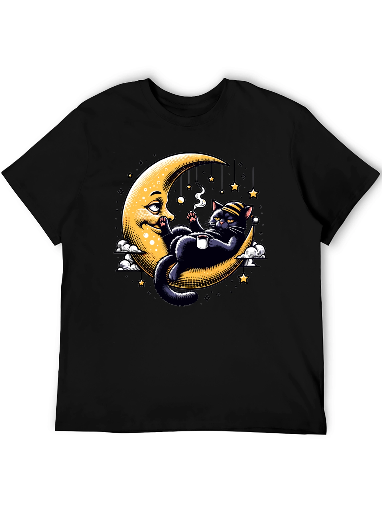Black Cool Cat on Moon T-Shirt view 5