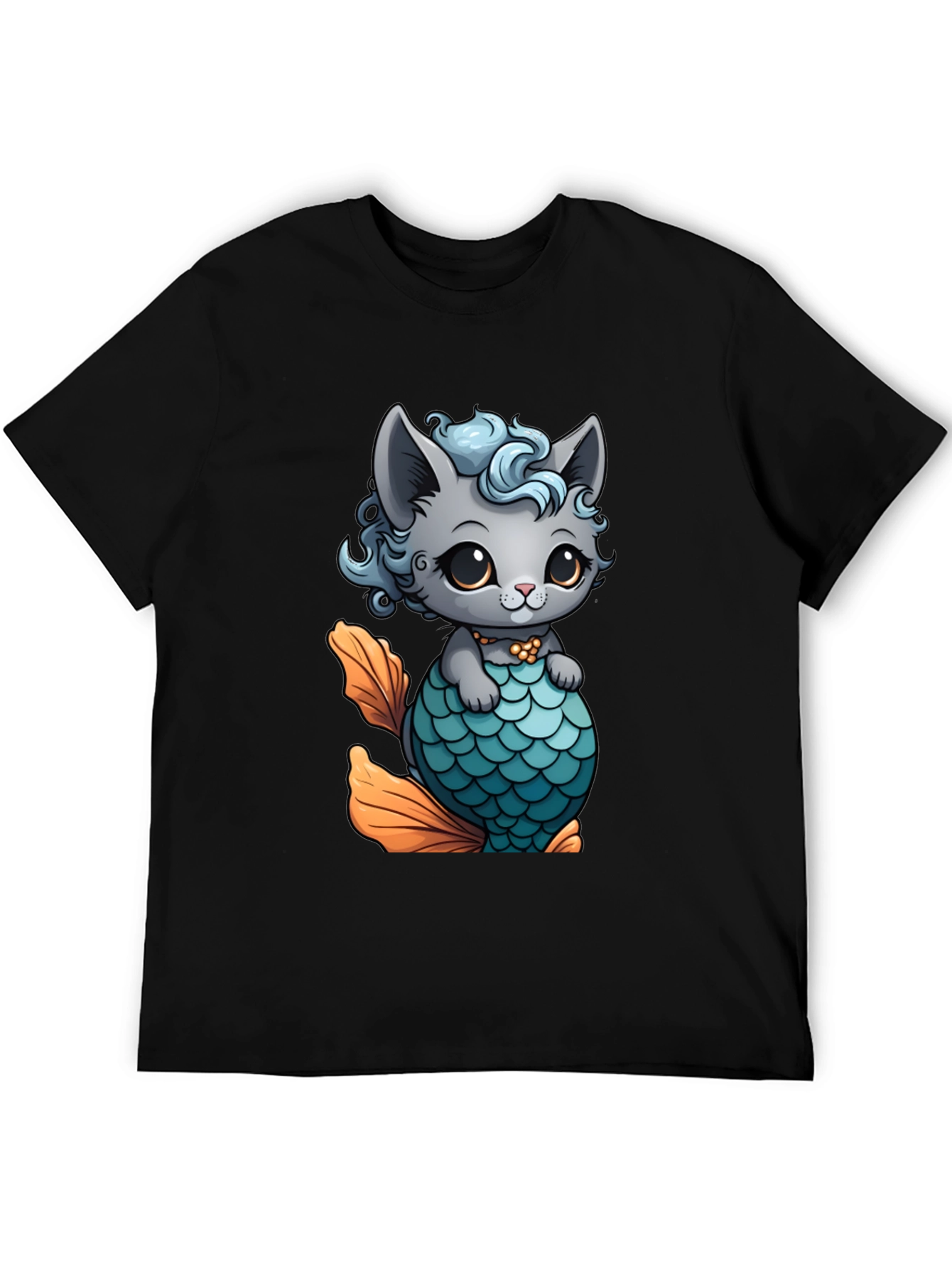 Black Cute Cat Mermaid T-Shirt - Unique Graphic Tee view 5
