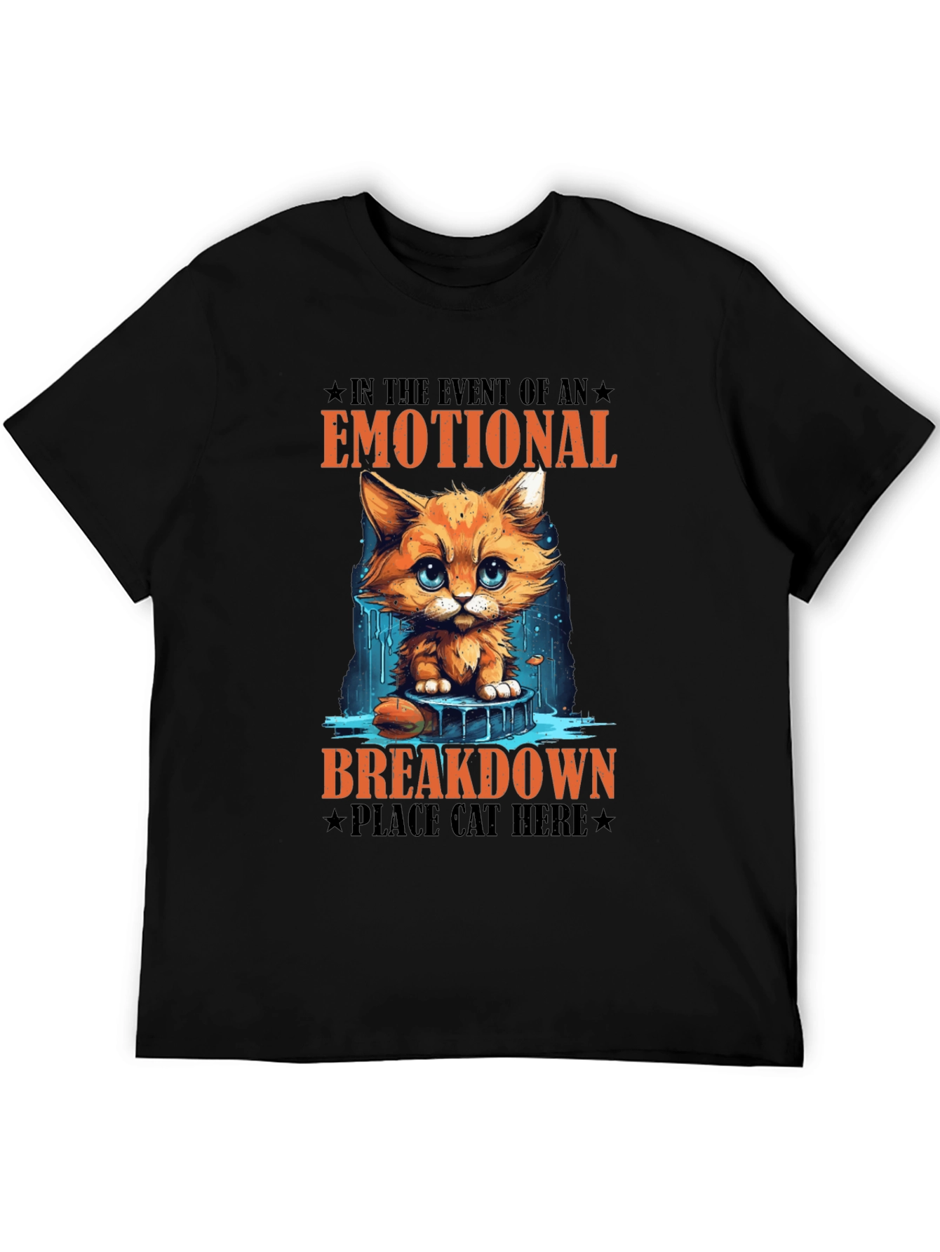 Black Emotional Breakdown Cat T-Shirt - Funny Graphic Tee view 5