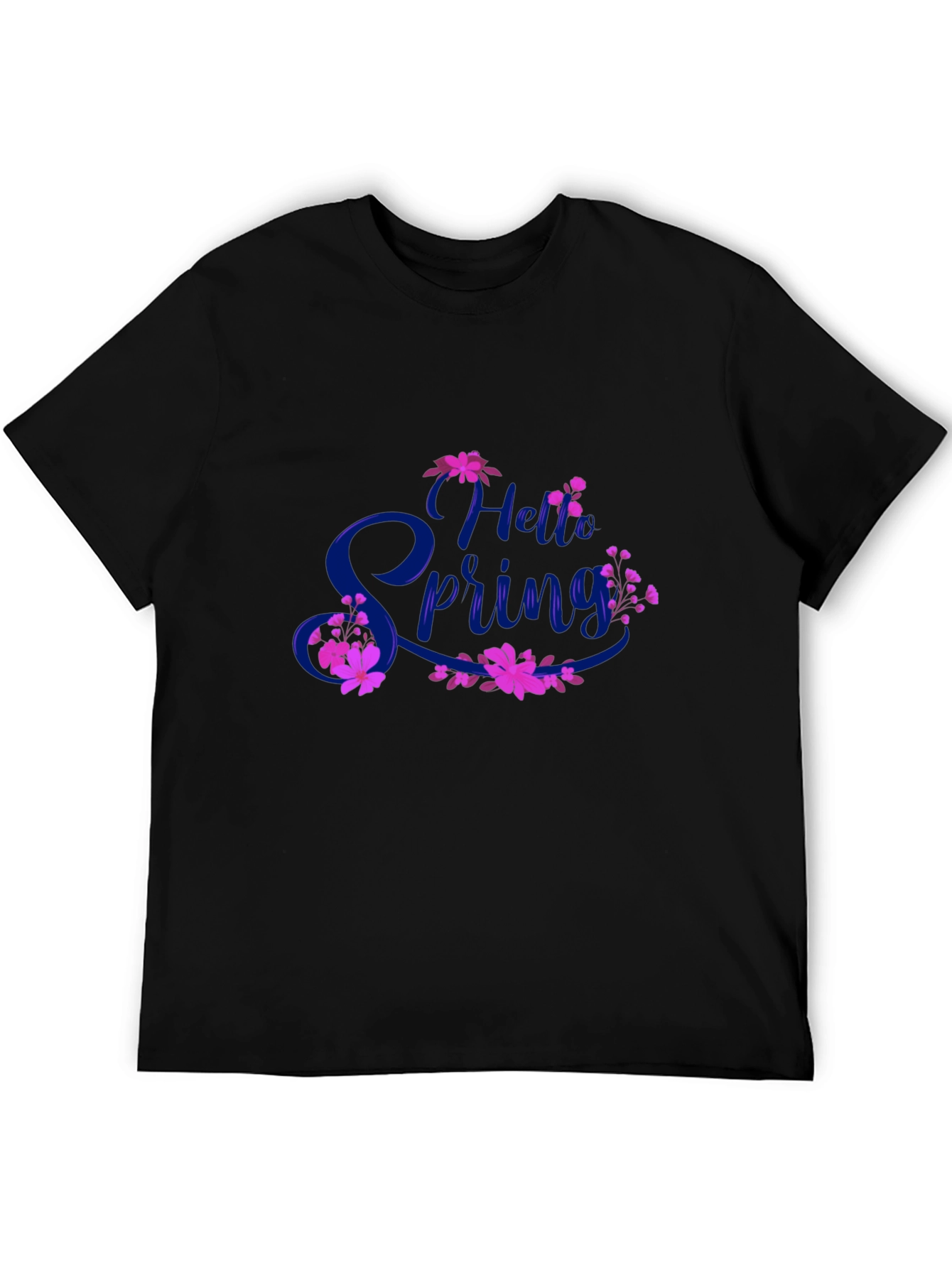 Black Hello Spring Black T-Shirt Floral Design view 5