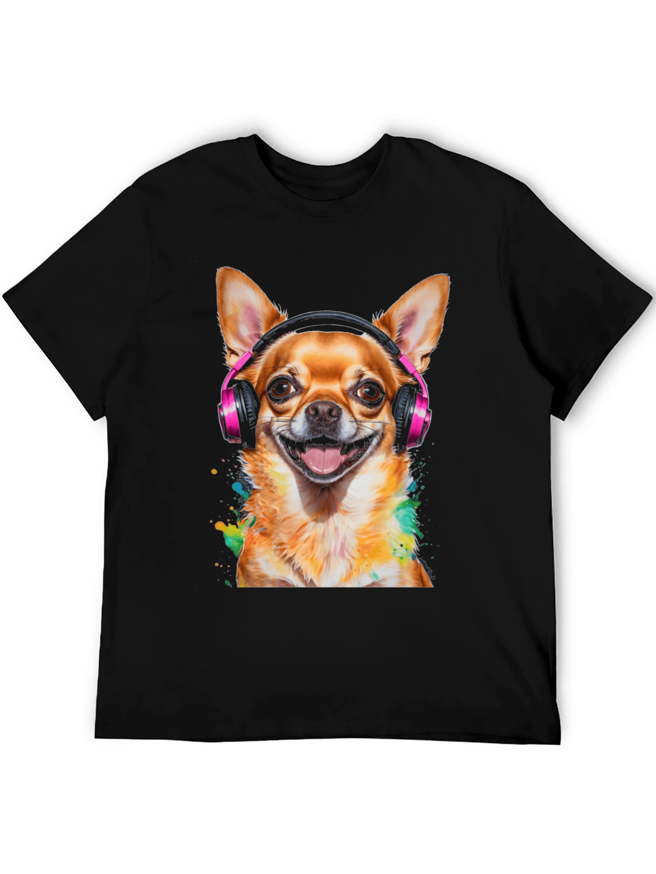 Black Dog with Headphones T-Shirt - Men's Black Tee view 5