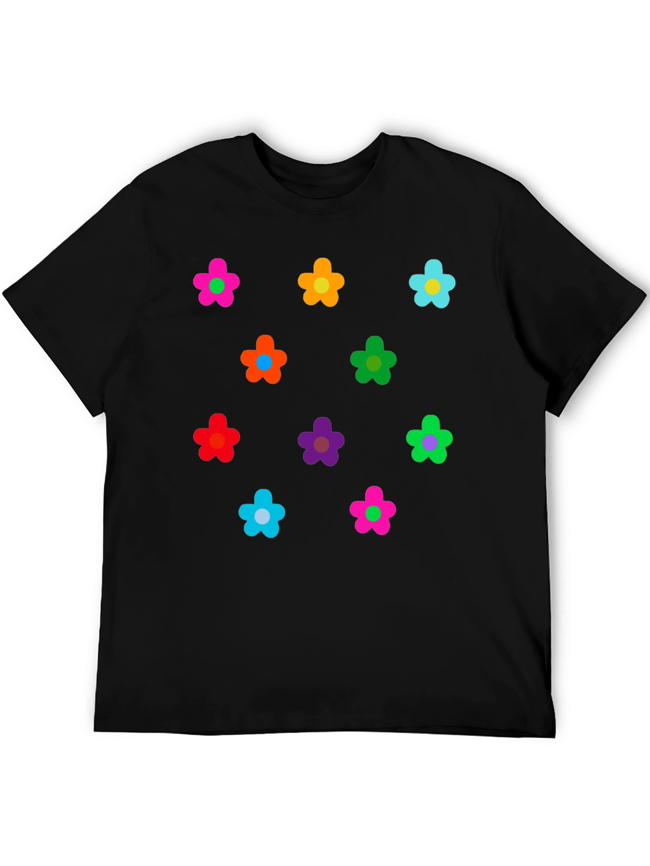 Black Colorful Flower Pattern Black T-Shirt view 5