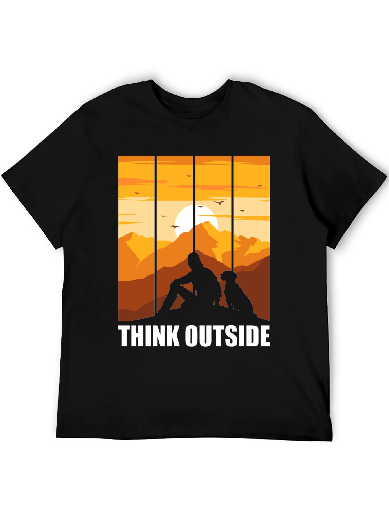 Black Think Outside Black T-Shirt, Man and Dog Sunset Graphic Tee view 5