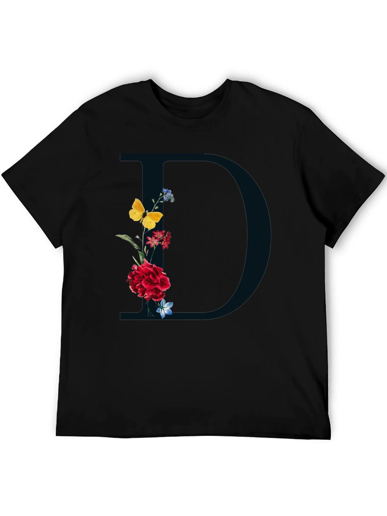 Black Floral Initial 'D' Graphic Tee - Elegant Design view 5