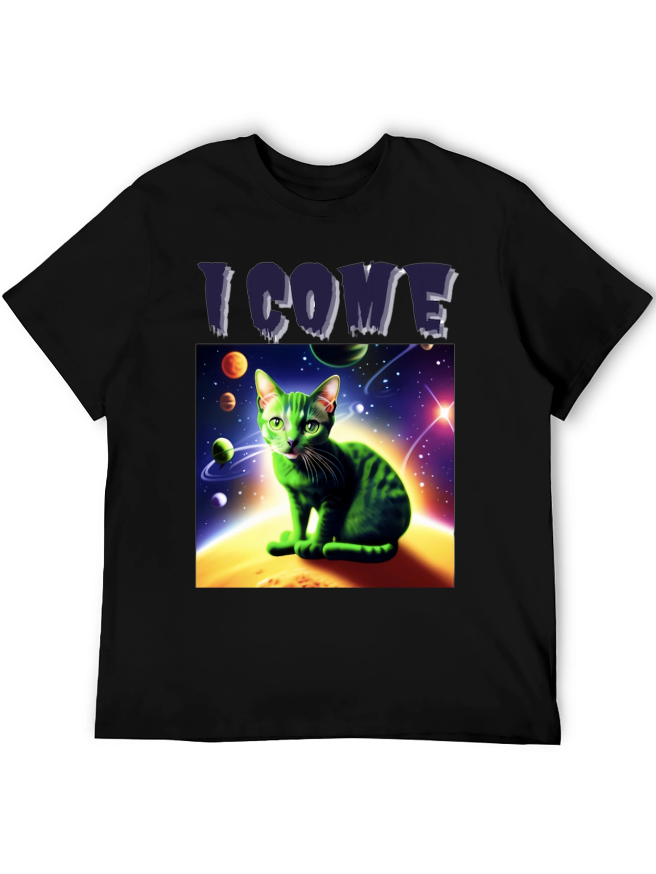 Black I Come In Peace Cat T-Shirt - Space Alien Green Kitty Tee view 5