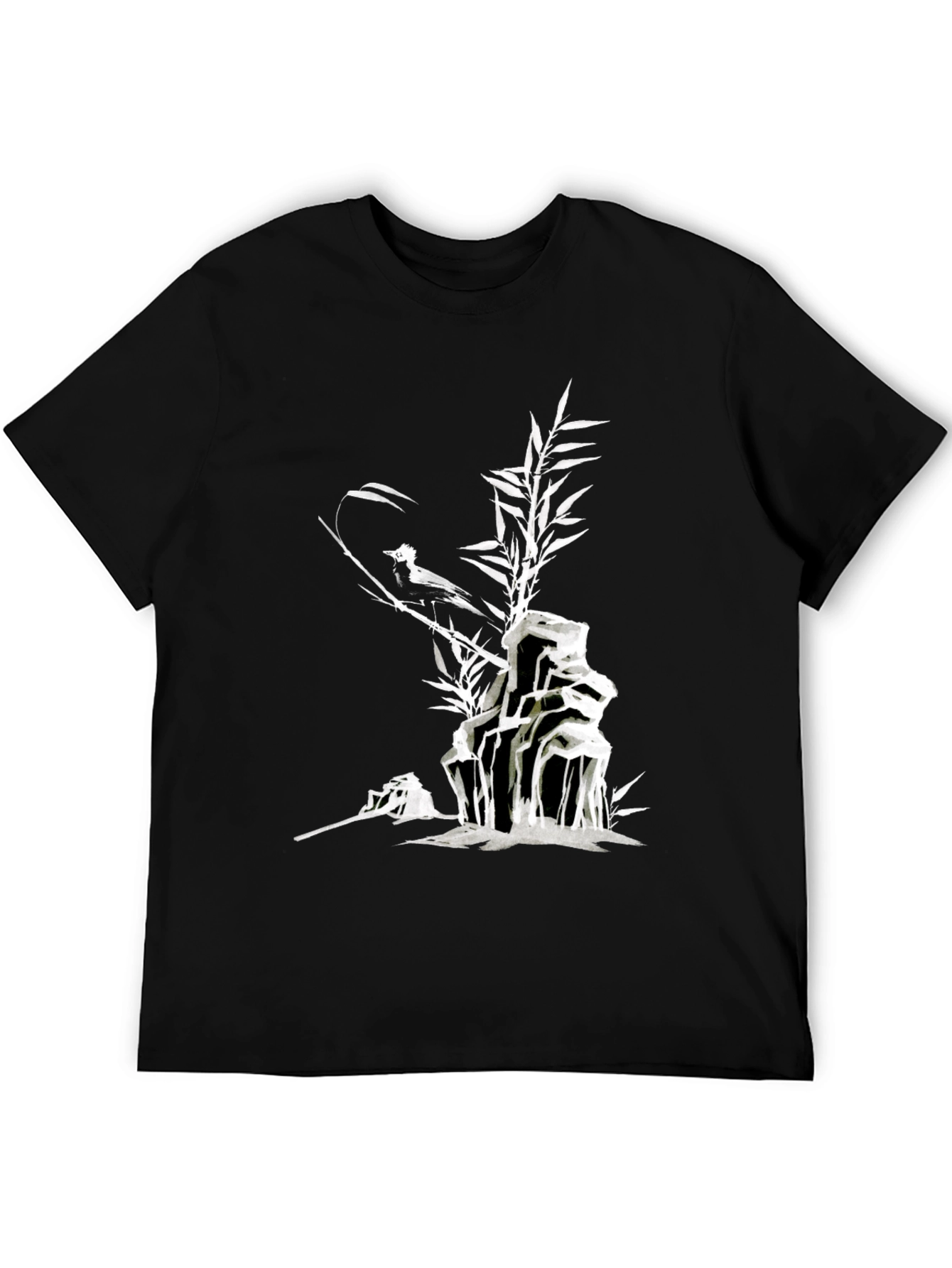 Black Men's Black T-Shirt with Bird and Bamboo Graphic view 5