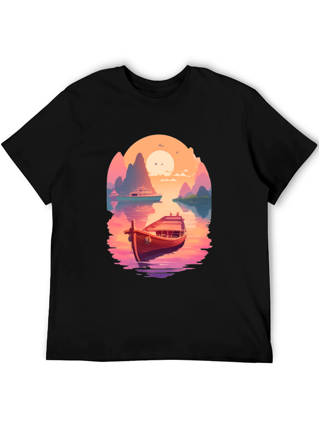 Boat Scene Graphic Tee - Retro Sunset Style - 5