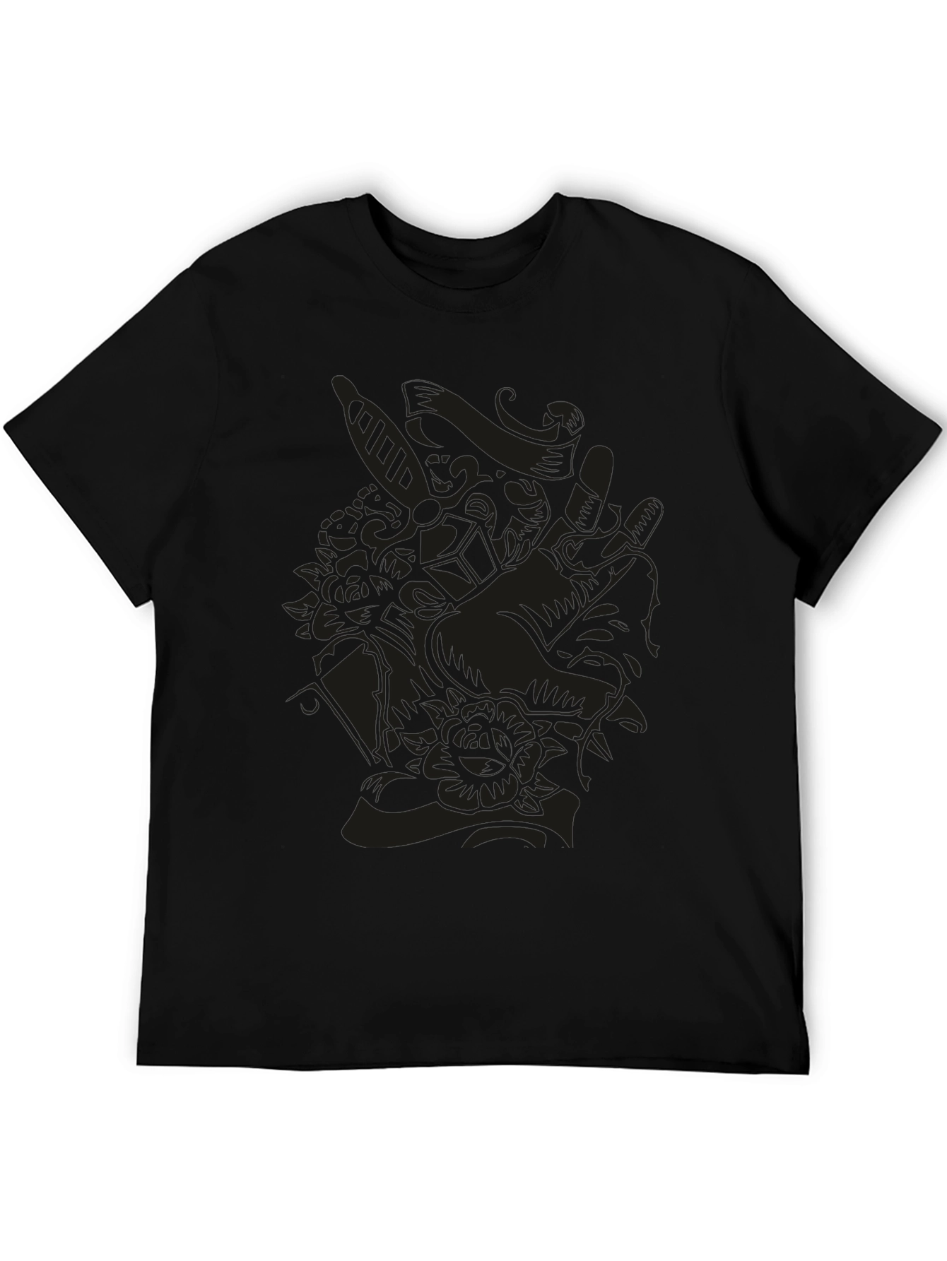 Black Dark Art Graphic Tee - Skull & Rose Design view 5